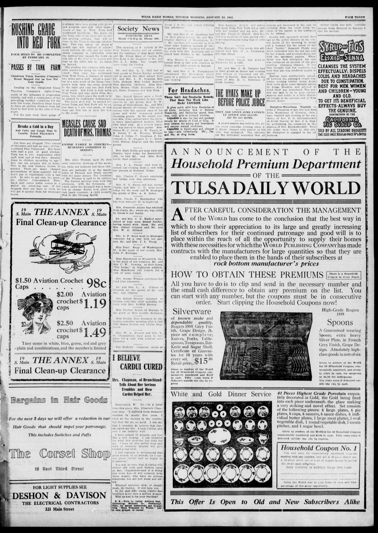 Tulsa Daily World (Tulsa, Okla.), Vol. 6, No. 108, Ed. 1 Tuesday, January 24, 1911
                                                
                                                    [Sequence #]: 3 of 8
                                                