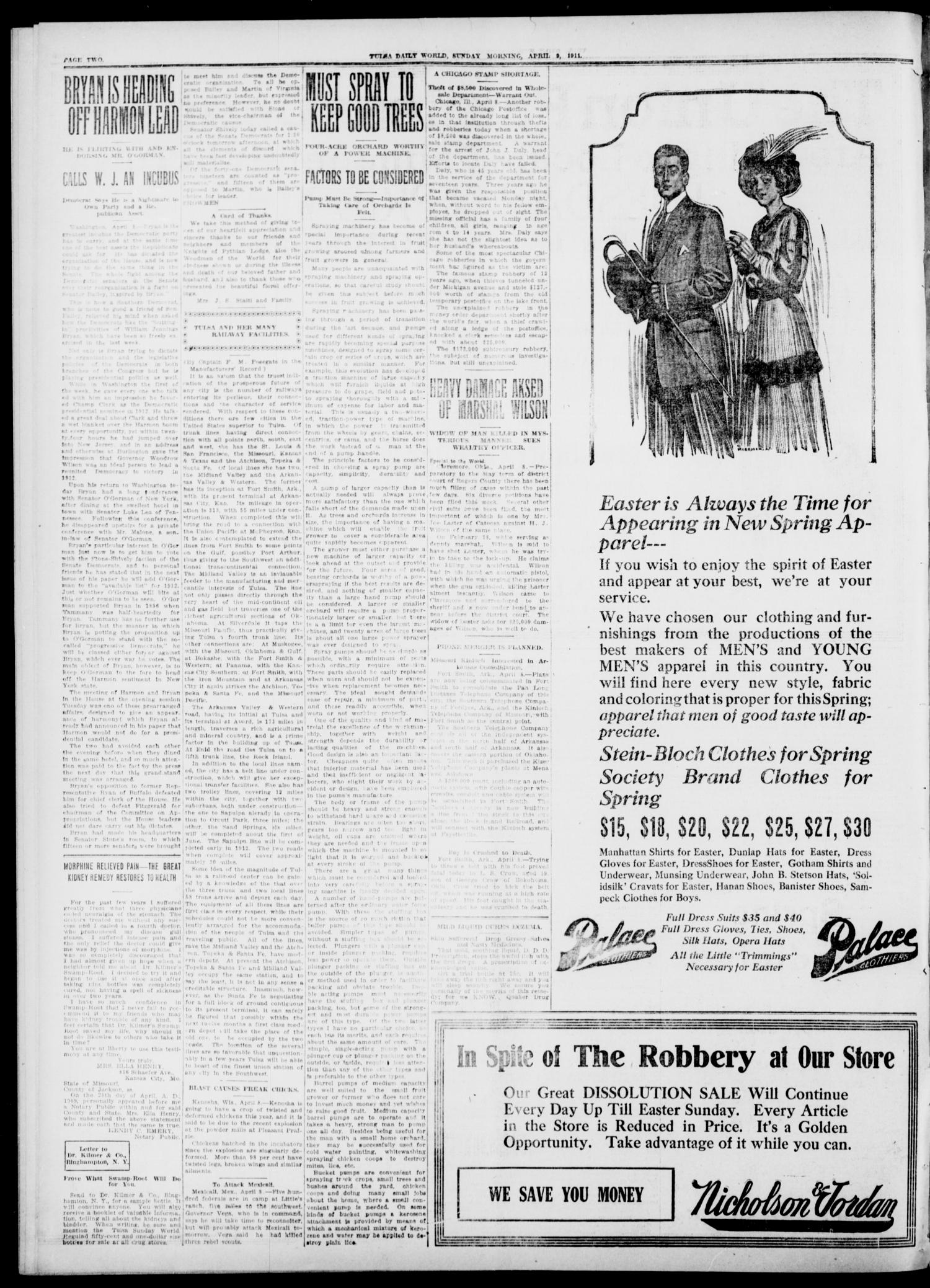 Tulsa Daily World (Tulsa, Okla.), Vol. 6, No. 173, Ed. 1 Sunday, April 9, 1911
                                                
                                                    [Sequence #]: 2 of 20
                                                