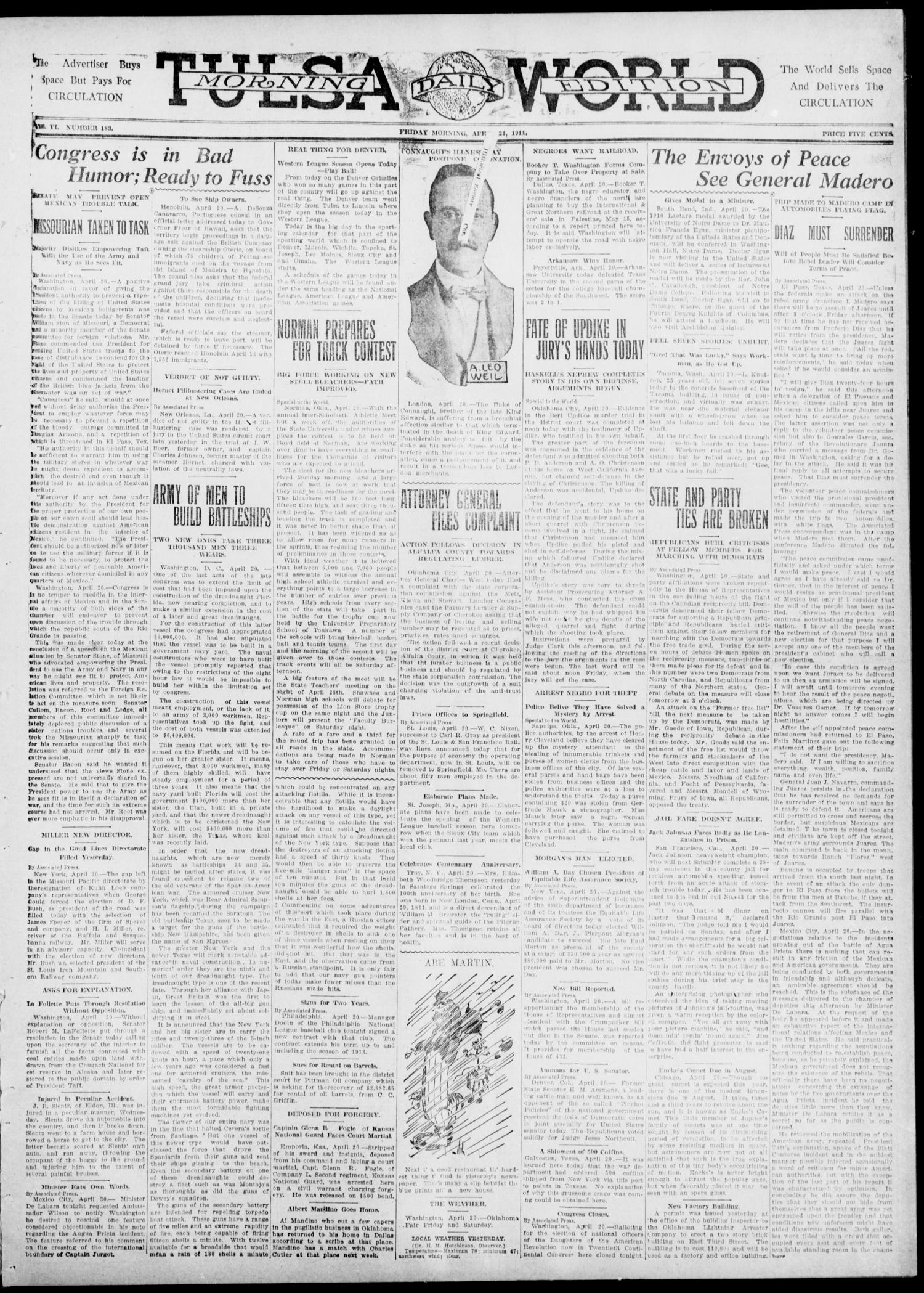 Tulsa Daily World (Tulsa, Okla.), Vol. 6, No. 183, Ed. 1 Friday, April 21, 1911
                                                
                                                    [Sequence #]: 1 of 10
                                                
