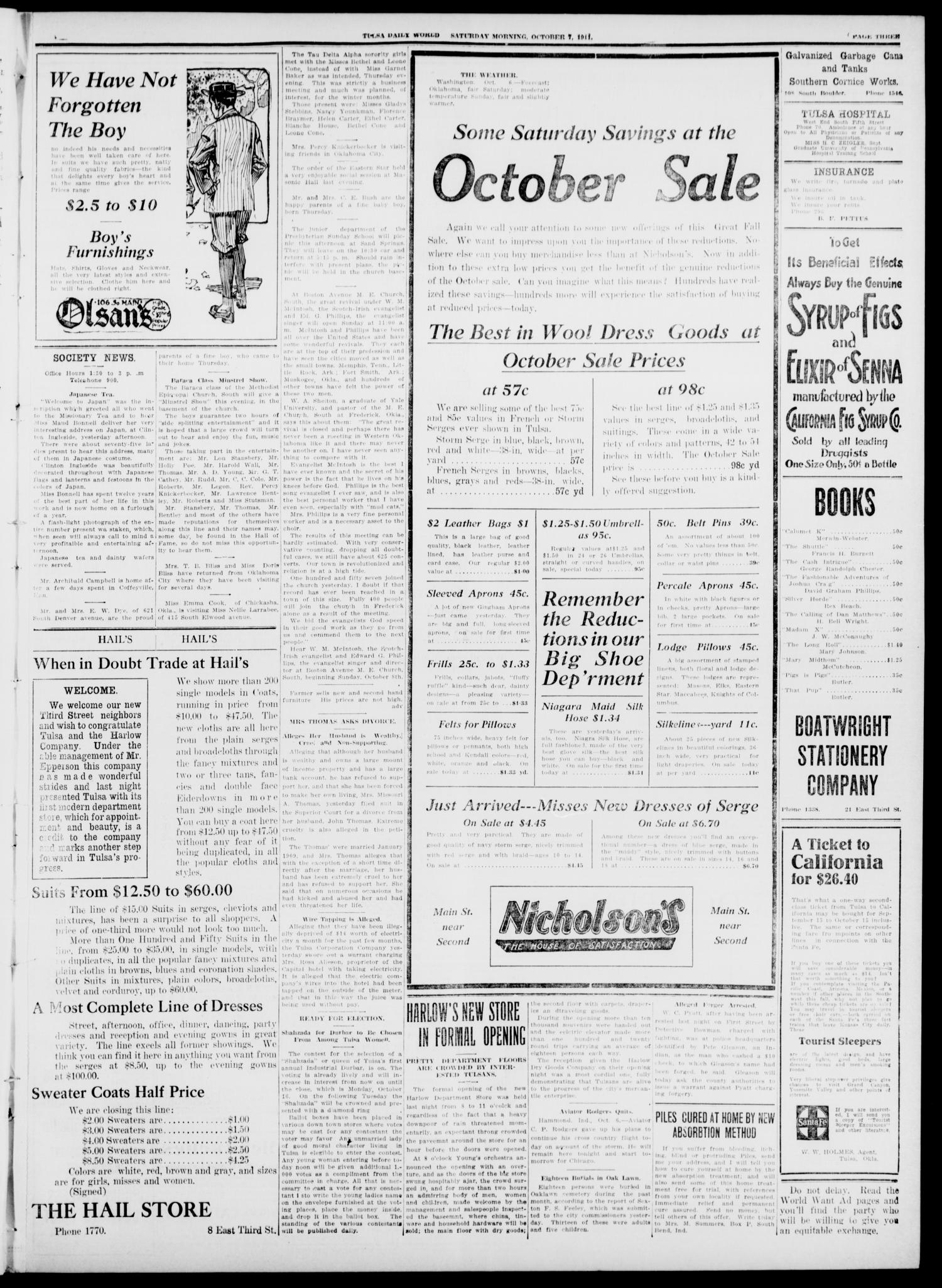 Tulsa Daily World (Tulsa, Okla.), Vol. 7, No. 18, Ed. 1 Saturday, October 7, 1911
                                                
                                                    [Sequence #]: 3 of 10
                                                