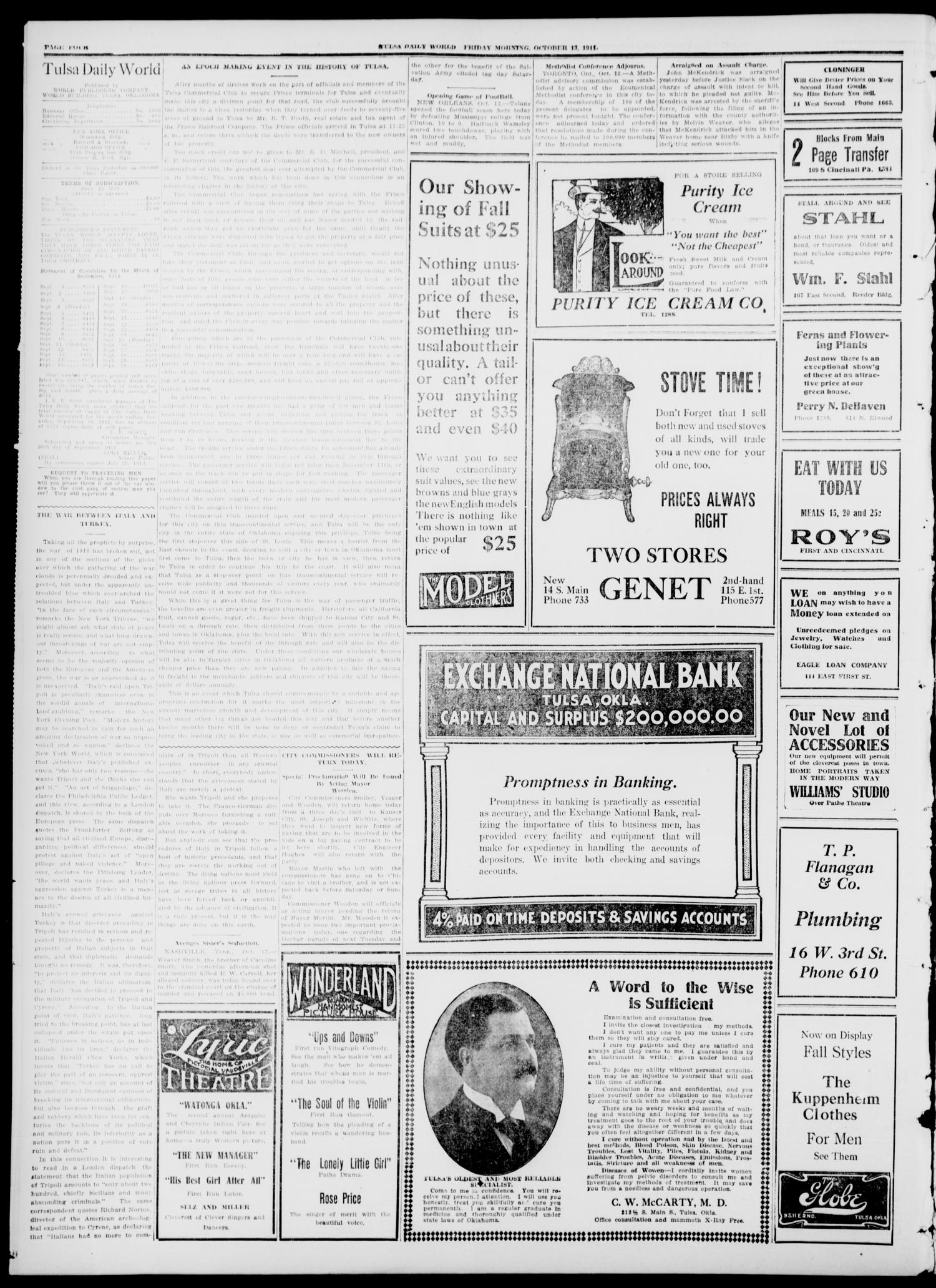 Tulsa Daily World (Tulsa, Okla.), Vol. 7, No. 22, Ed. 1 Friday, October 13, 1911
                                                
                                                    [Sequence #]: 4 of 8
                                                