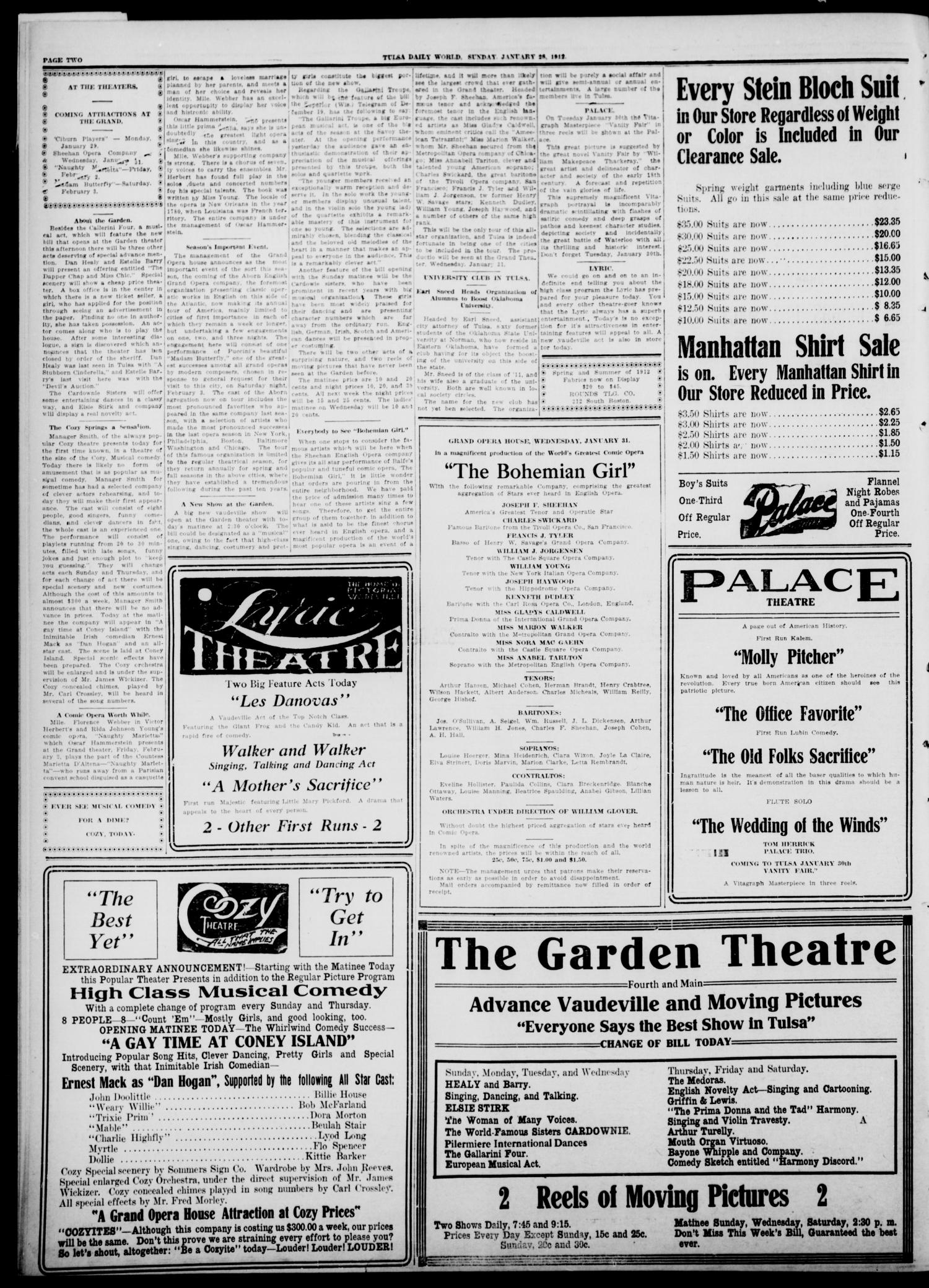 Tulsa Daily World (Tulsa, Okla.), Vol. 7, No. 114, Ed. 1 Sunday, January 28, 1912
                                                
                                                    [Sequence #]: 2 of 16
                                                