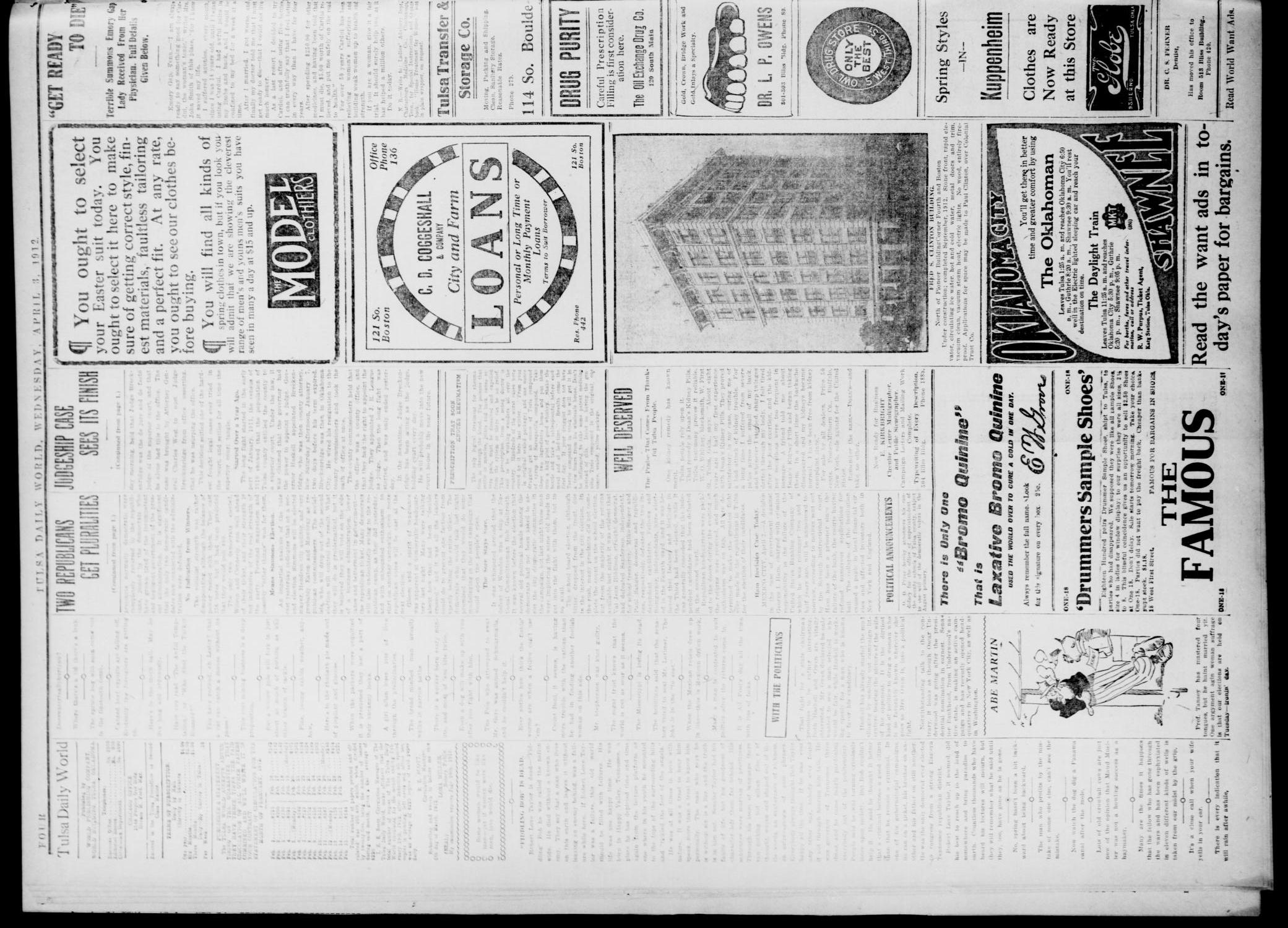 Tulsa Daily World (Tulsa, Okla.), Vol. 7, No. 170, Ed. 1 Wednesday, April 3, 1912
                                                
                                                    [Sequence #]: 4 of 8
                                                