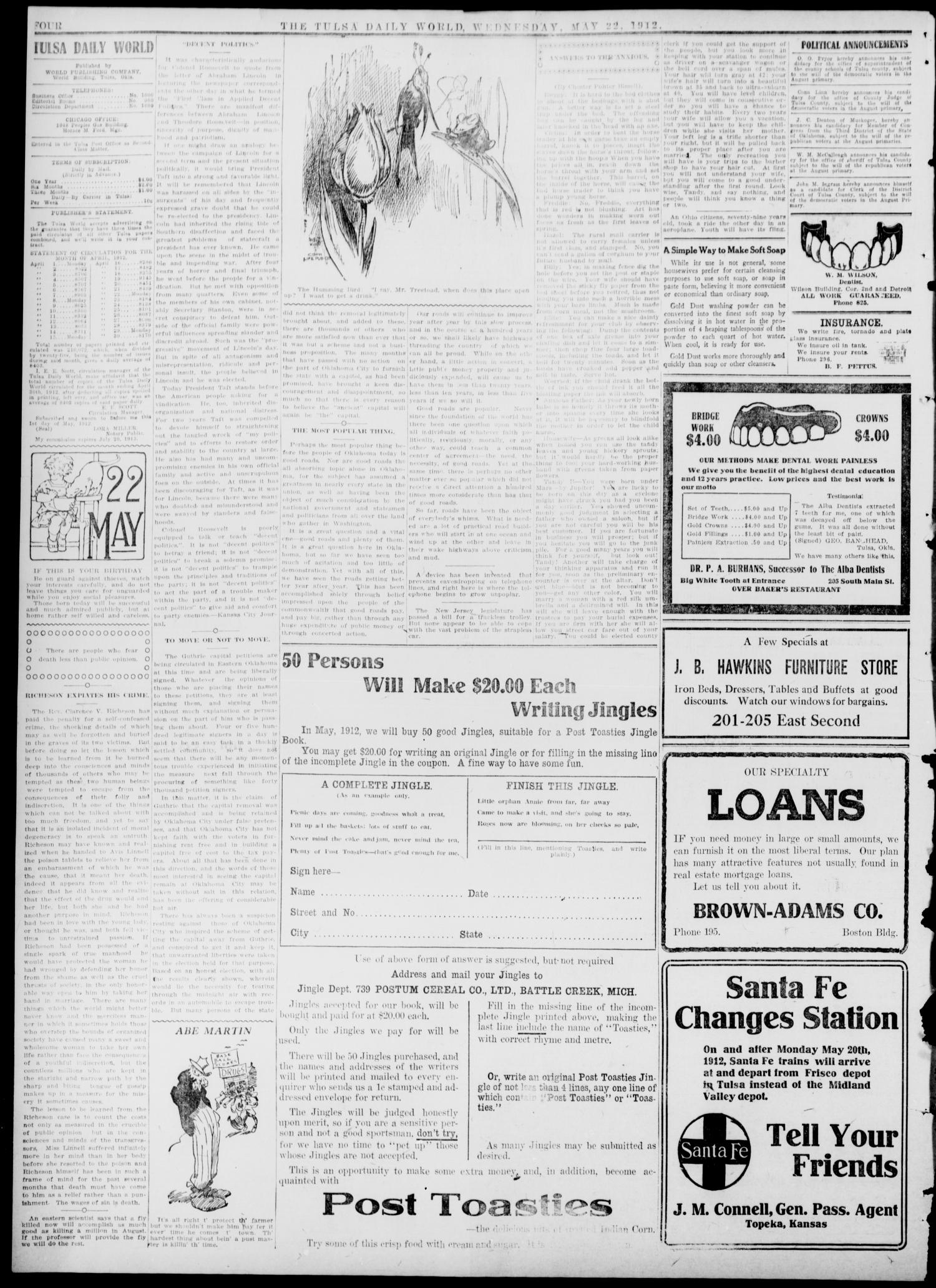 Tulsa Daily World (Tulsa, Okla.), Ed. 1 Wednesday, May 22, 1912
                                                
                                                    [Sequence #]: 2 of 6
                                                
