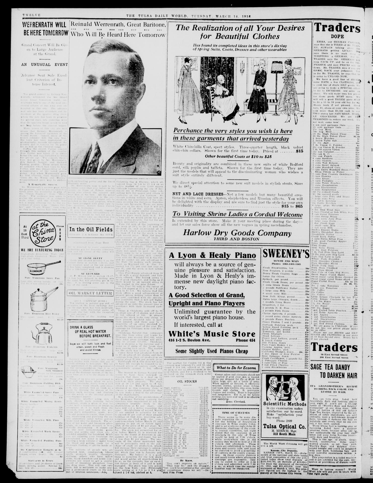 Tulsa Daily World (Tulsa, Okla.), Vol. 11, No. 153, Ed. 1 Tuesday, March 14, 1916
                                                
                                                    [Sequence #]: 12 of 12
                                                