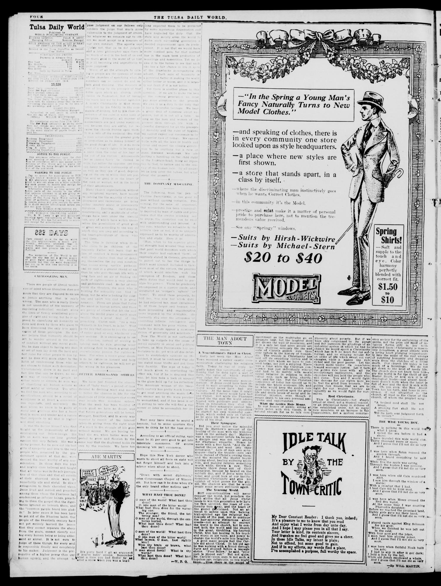 Tulsa Daily World (Tulsa, Okla.), Vol. 11, No. 153, Ed. 1 Tuesday, March 14, 1916
                                                
                                                    [Sequence #]: 4 of 12
                                                