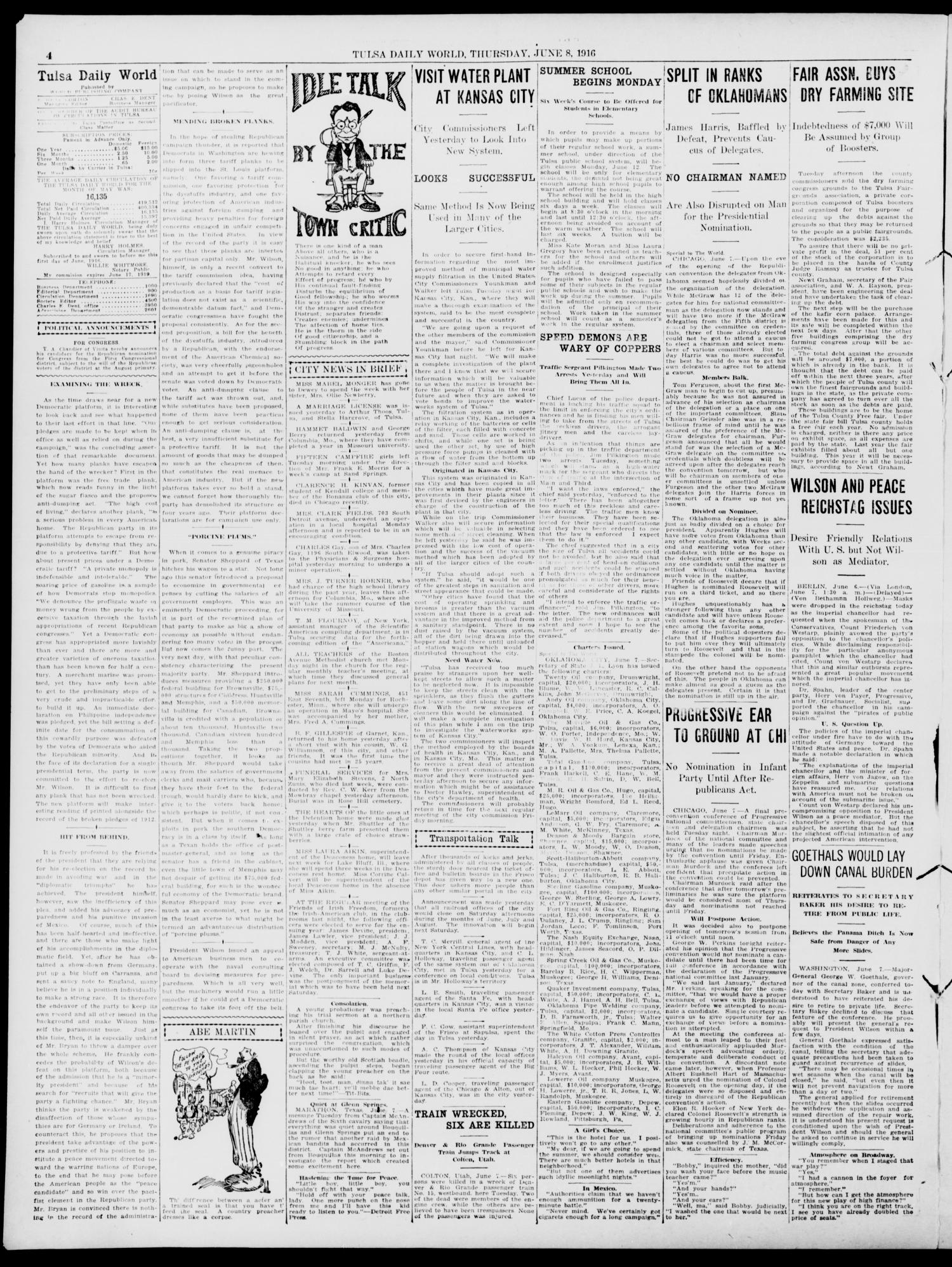 Tulsa Daily World (Tulsa, Okla.), Vol. 11, No. 226, Ed. 1 Thursday, June 8, 1916
                                                
                                                    [Sequence #]: 4 of 12
                                                