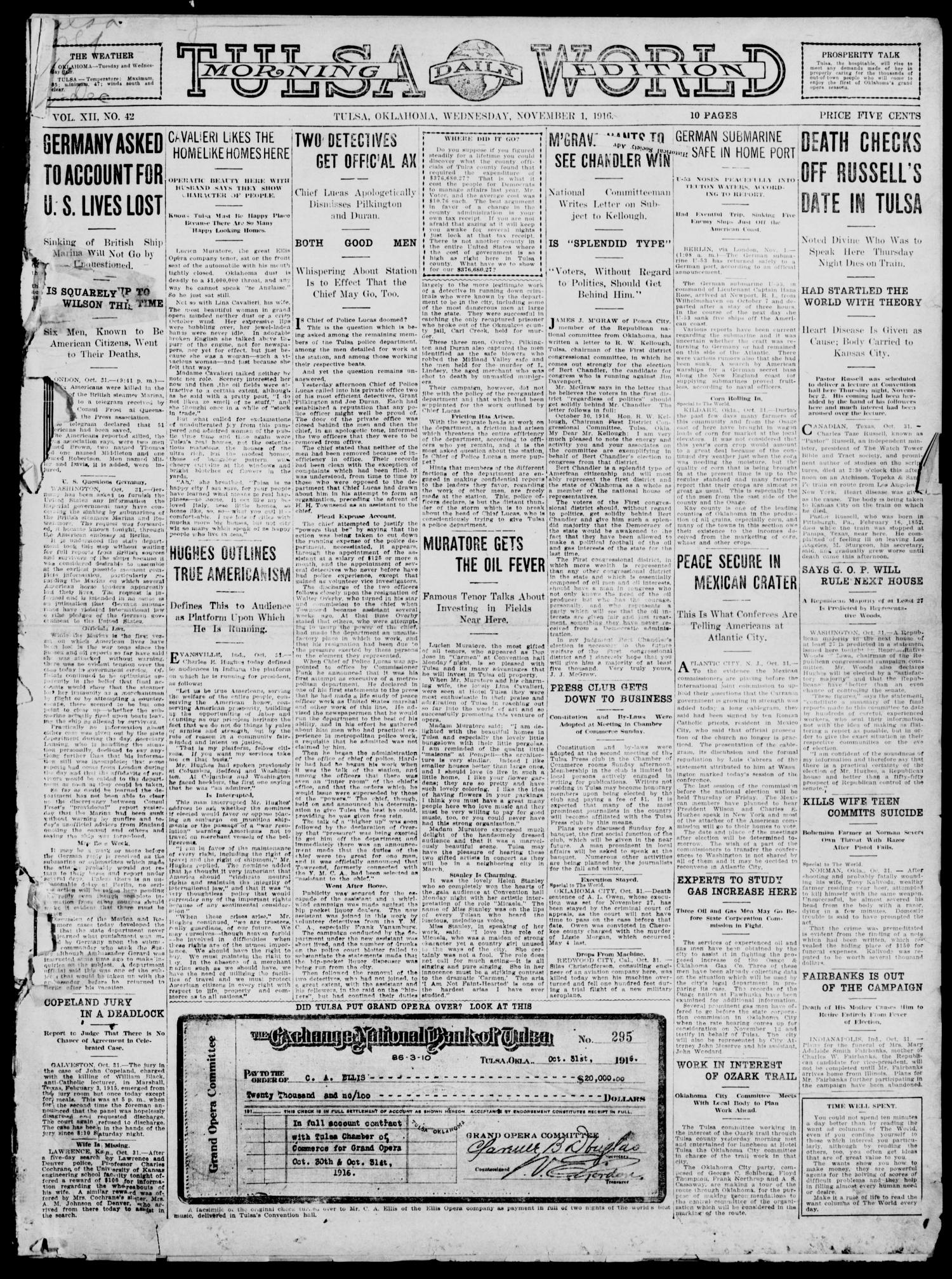 Tulsa Daily World (Tulsa, Okla.), Vol. 12, No. 42, Ed. 1 Wednesday, November 1, 1916
                                                
                                                    [Sequence #]: 1 of 10
                                                
