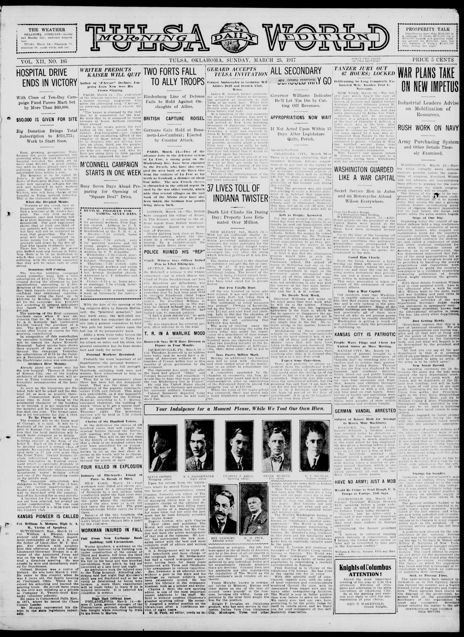 Tulsa Daily World (Tulsa, Okla.), Vol. 12, No. 185, Ed. 1 Sunday, March 25, 1917
                                                
                                                    [Sequence #]: 1 of 42
                                                