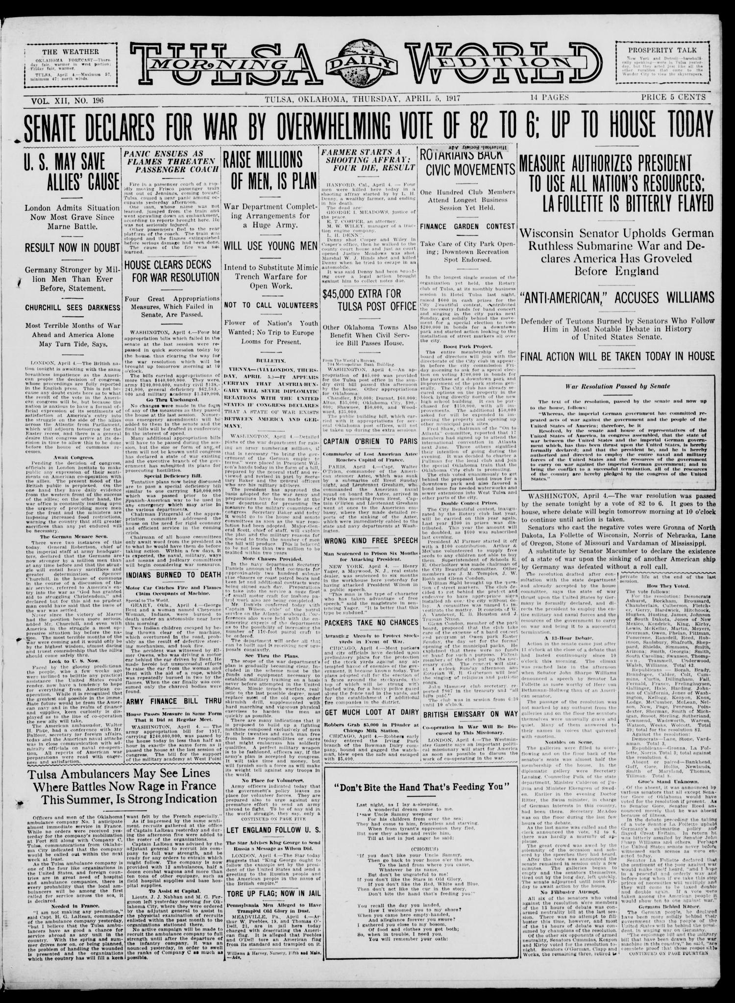 Tulsa Daily World (Tulsa, Okla.), Vol. 12, No. 196, Ed. 1 Thursday, April 5, 1917
                                                
                                                    [Sequence #]: 1 of 14
                                                