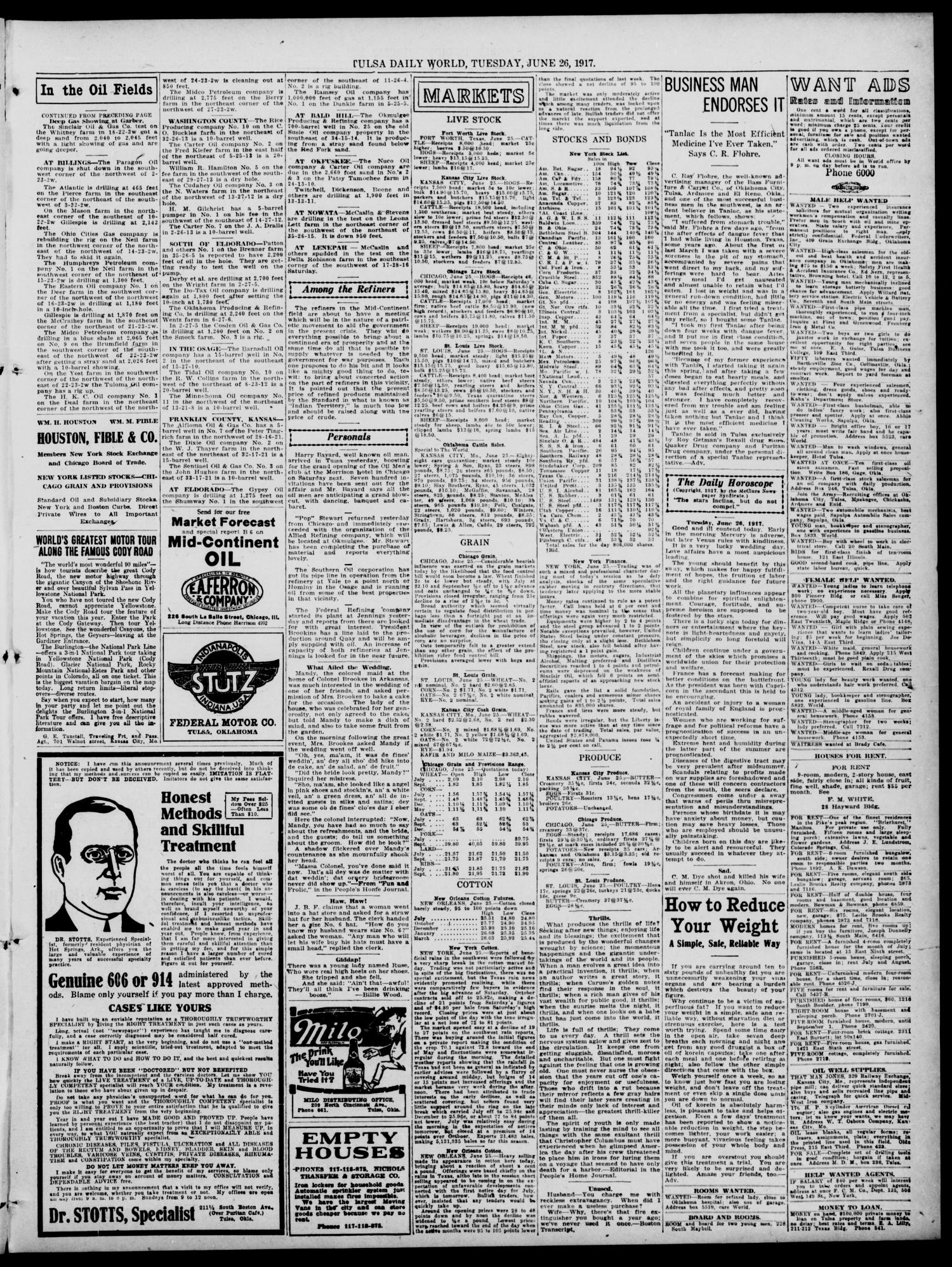 Tulsa Daily World (Tulsa, Okla.), Vol. 12, No. 278, Ed. 1 Tuesday, June 26, 1917
                                                
                                                    [Sequence #]: 9 of 12
                                                