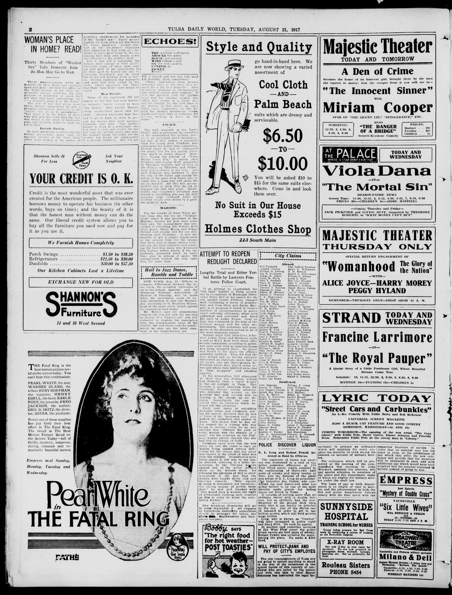 Tulsa Daily World (Tulsa, Okla.), Vol. 12, No. 335, Ed. 1 Tuesday, August 21, 1917
                                                
                                                    [Sequence #]: 2 of 12
                                                