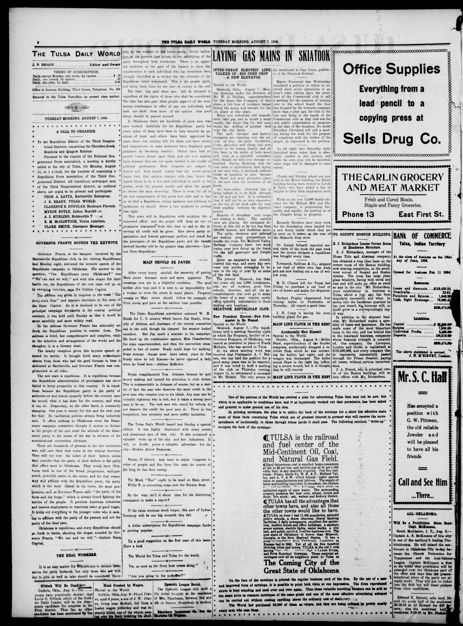 Tulsa Daily World (Tulsa, Indian Terr.), Vol. 1, No. 264, Ed. 1 Tuesday, August 7, 1906
                                                
                                                    [Sequence #]: 2 of 6
                                                