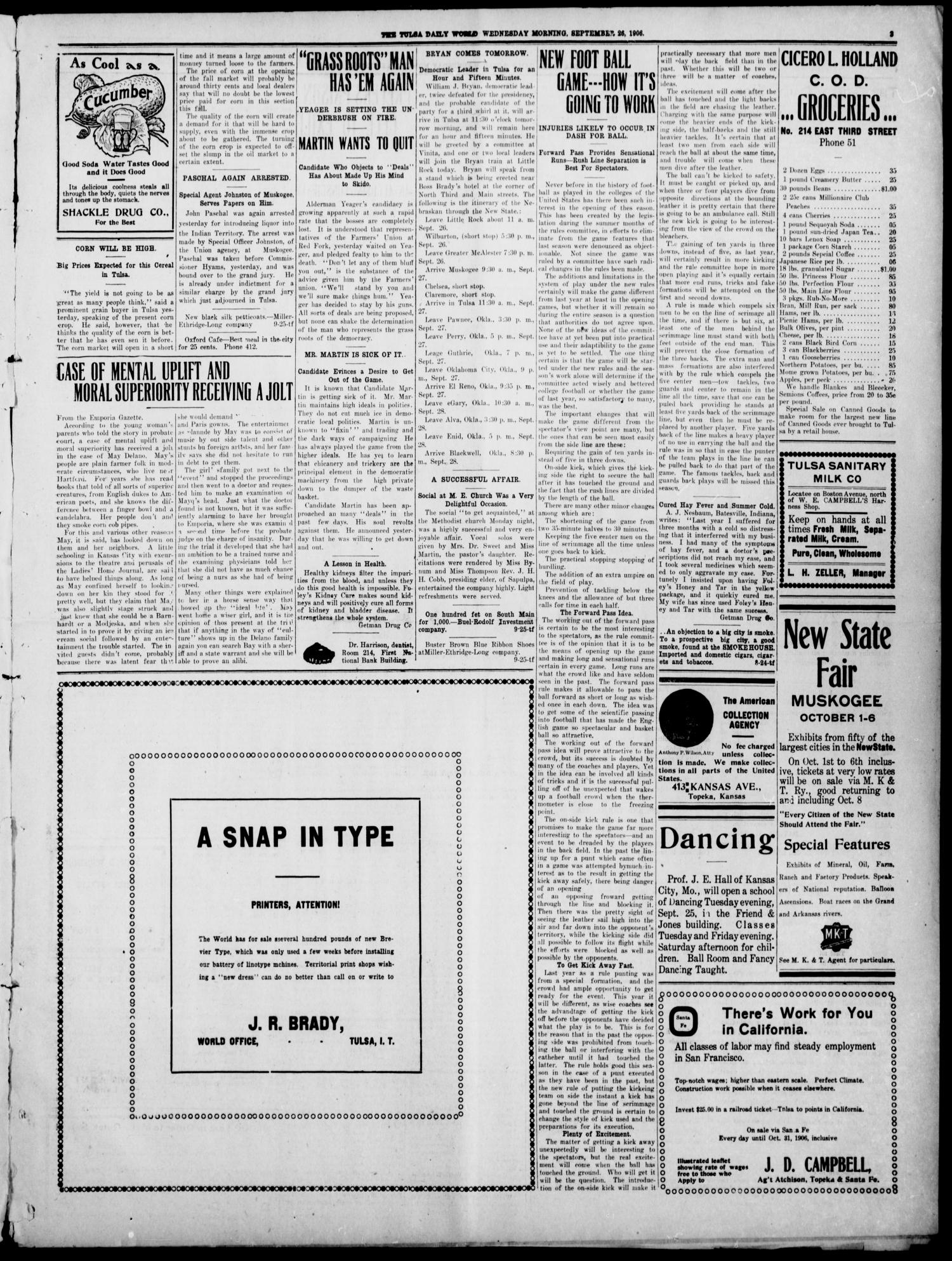 Tulsa Daily World (Tulsa, Indian Terr.), Vol. 2, No. 10, Ed. 1 Wednesday, September 26, 1906
                                                
                                                    [Sequence #]: 3 of 8
                                                