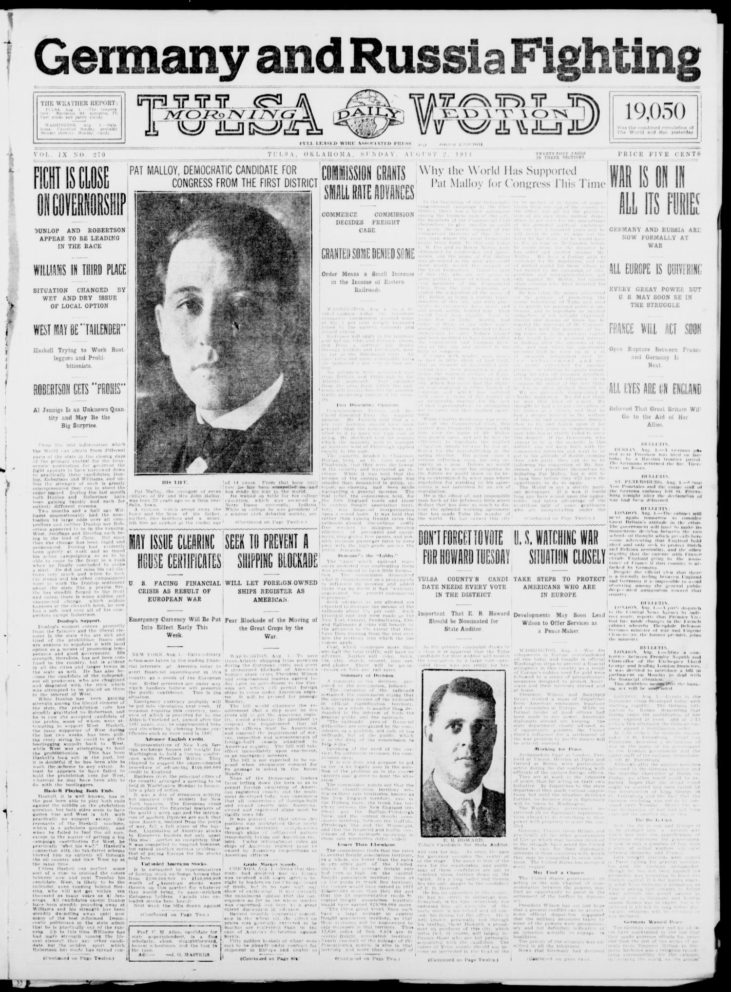 Tulsa Daily World (Tulsa, Okla.), Vol. 9, No. 270, Ed. 1 Sunday, August 2, 1914
                                                
                                                    [Sequence #]: 1 of 24
                                                