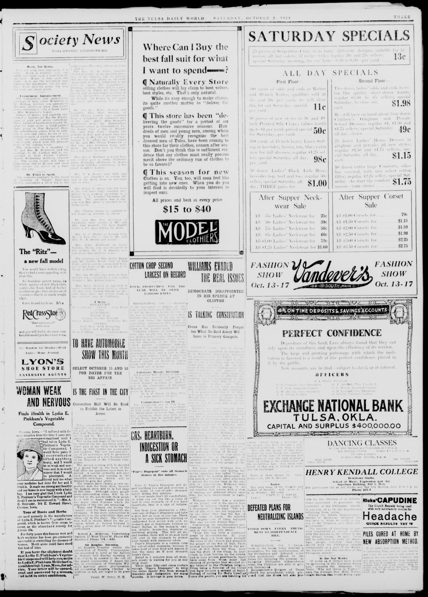 Tulsa Daily World (Tulsa, Okla.), Vol. 10, No. 9, Ed. 1 Saturday, October 3, 1914
                                                
                                                    [Sequence #]: 3 of 8
                                                
