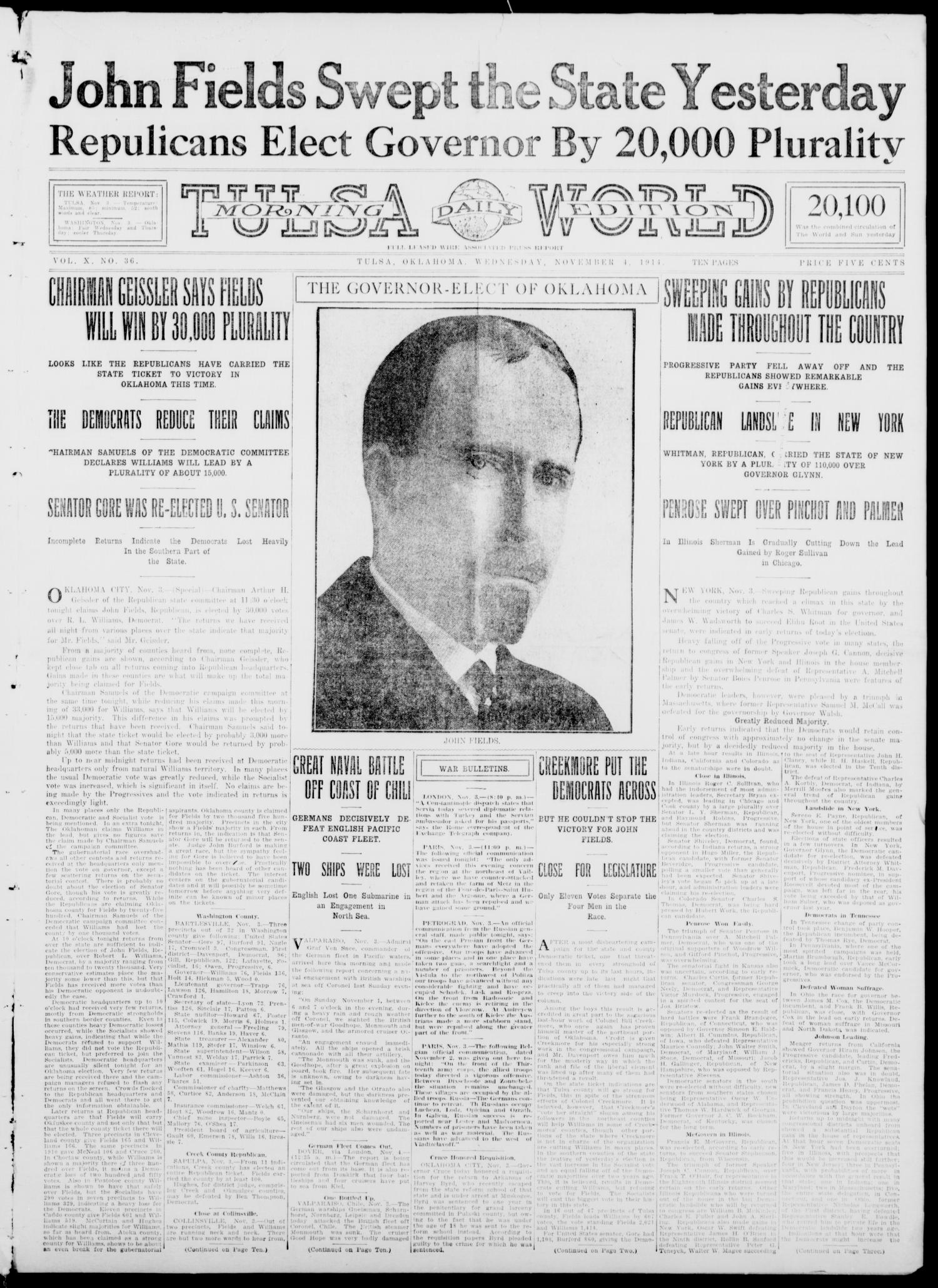 Tulsa Daily World (Tulsa, Okla.), Vol. 10, No. 36, Ed. 1 Wednesday, November 4, 1914
                                                
                                                    [Sequence #]: 1 of 10
                                                