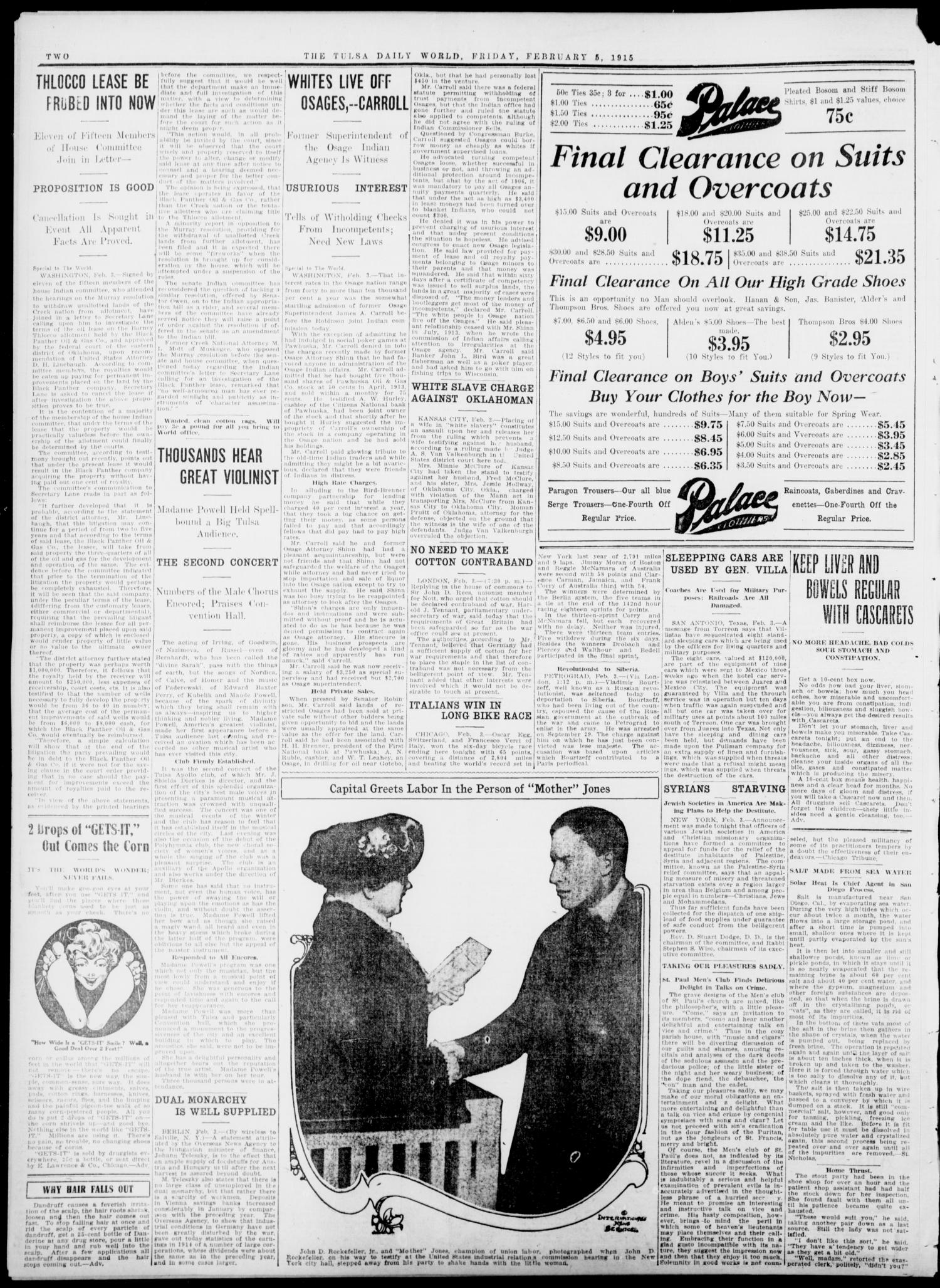 Tulsa Daily World (Tulsa, Okla.), Vol. 10, No. 116, Ed. 1 Friday, February 5, 1915
                                                
                                                    [Sequence #]: 2 of 10
                                                