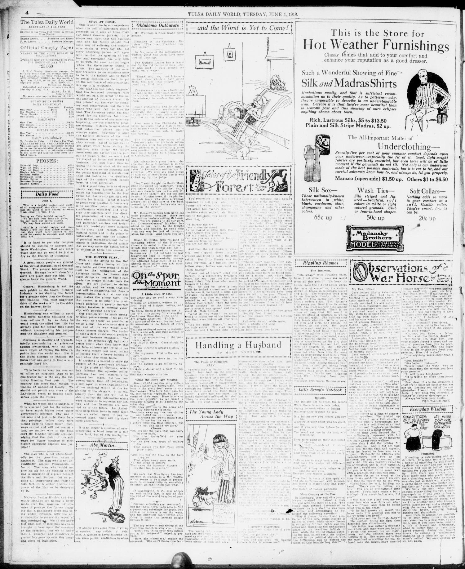 Tulsa Daily World (Tulsa, Okla.), Vol. 13, No. 258, Ed. 1 Tuesday, June 4, 1918
                                                
                                                    [Sequence #]: 4 of 12
                                                