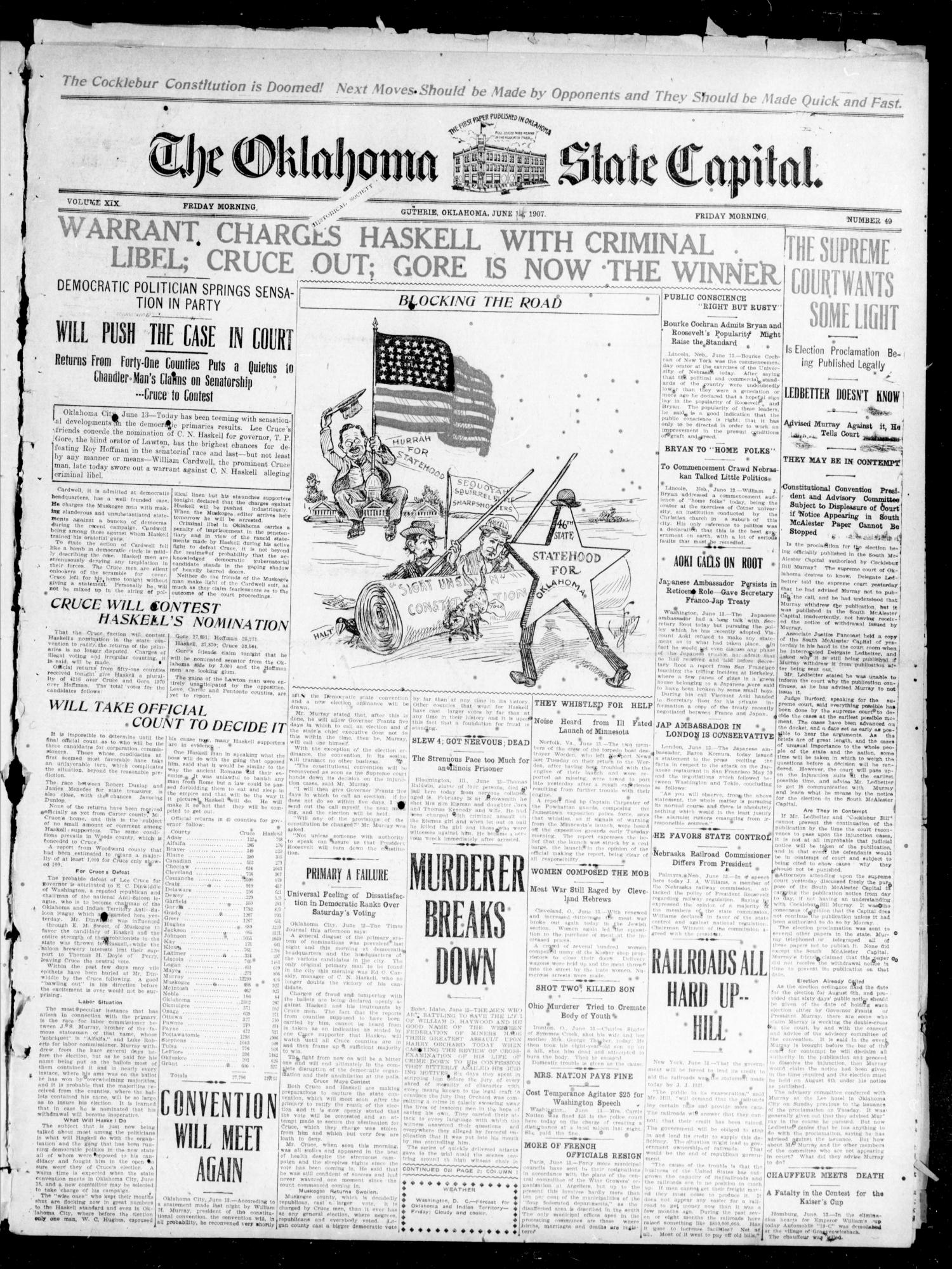 The Oklahoma State Capital. (Guthrie, Okla.), Vol. 19, No. 49, Ed. 1 Friday, June 14, 1907
                                                
                                                    [Sequence #]: 1 of 8
                                                