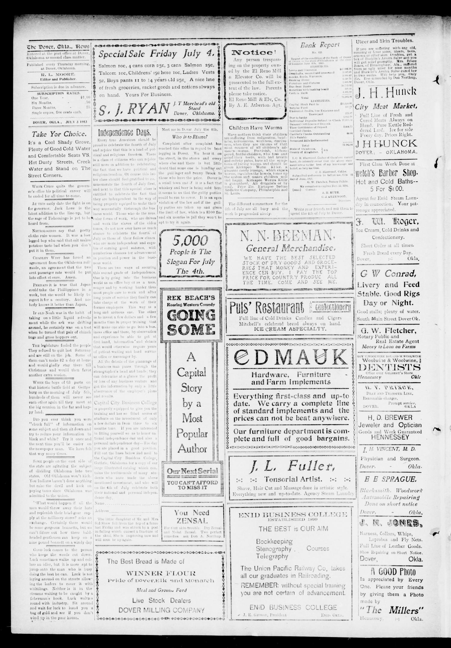 The Dover News. (Dover, Okla.), Vol. 13, No. 12, Ed. 1 Thursday, July 3, 1913
                                                
                                                    [Sequence #]: 4 of 8
                                                