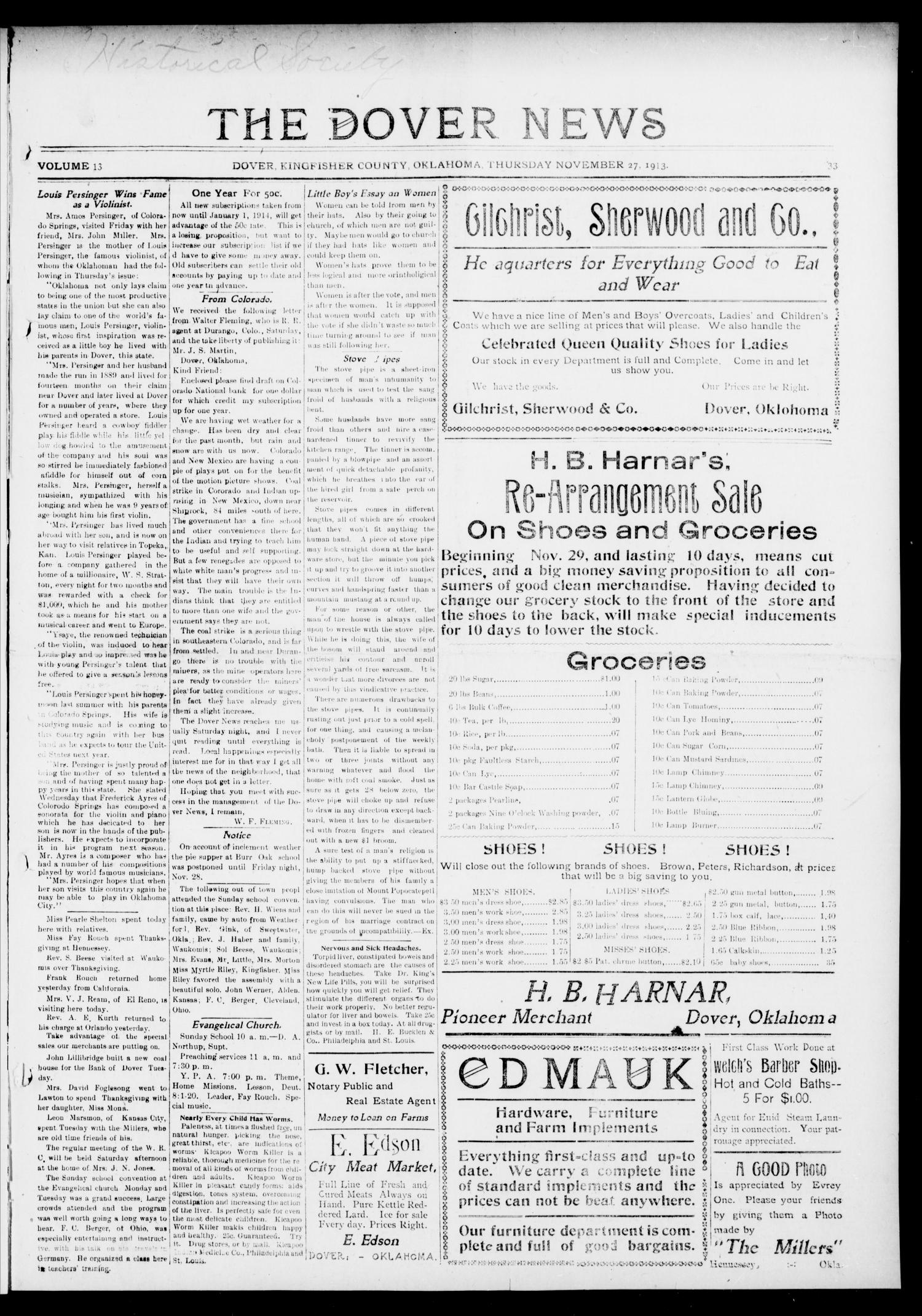 The Dover News (Dover, Okla.), Vol. 13, No. 33, Ed. 1 Thursday, November 27, 1913
                                                
                                                    [Sequence #]: 1 of 5
                                                