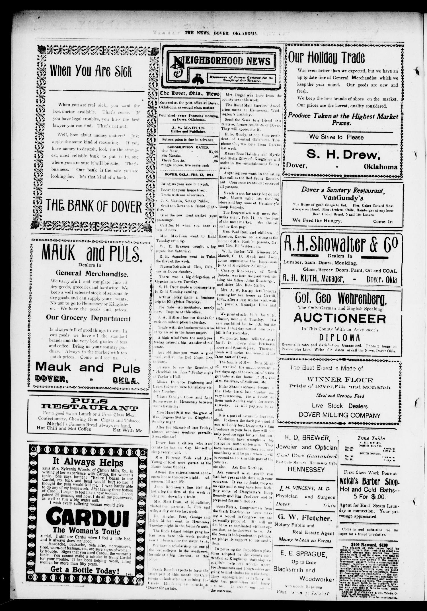 The Dover News (Dover, Okla.), Vol. 13, No. 44, Ed. 1 Thursday, February 12, 1914
                                                
                                                    [Sequence #]: 4 of 4
                                                