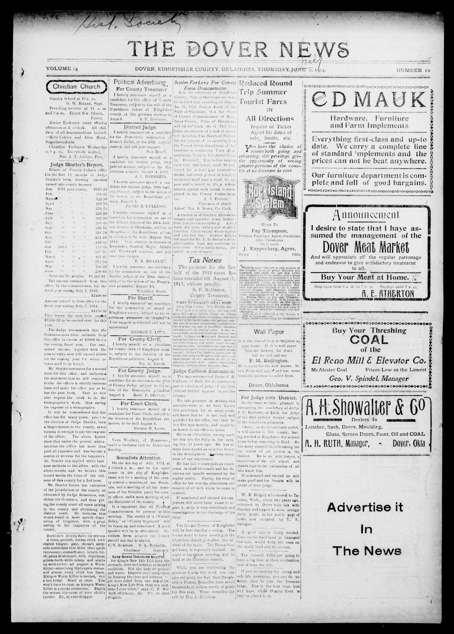 The Dover News (Dover, Okla.), Vol. 14, No. 12, Ed. 1 Thursday, July 2, 1914
                                                
                                                    [Sequence #]: 1 of 4
                                                