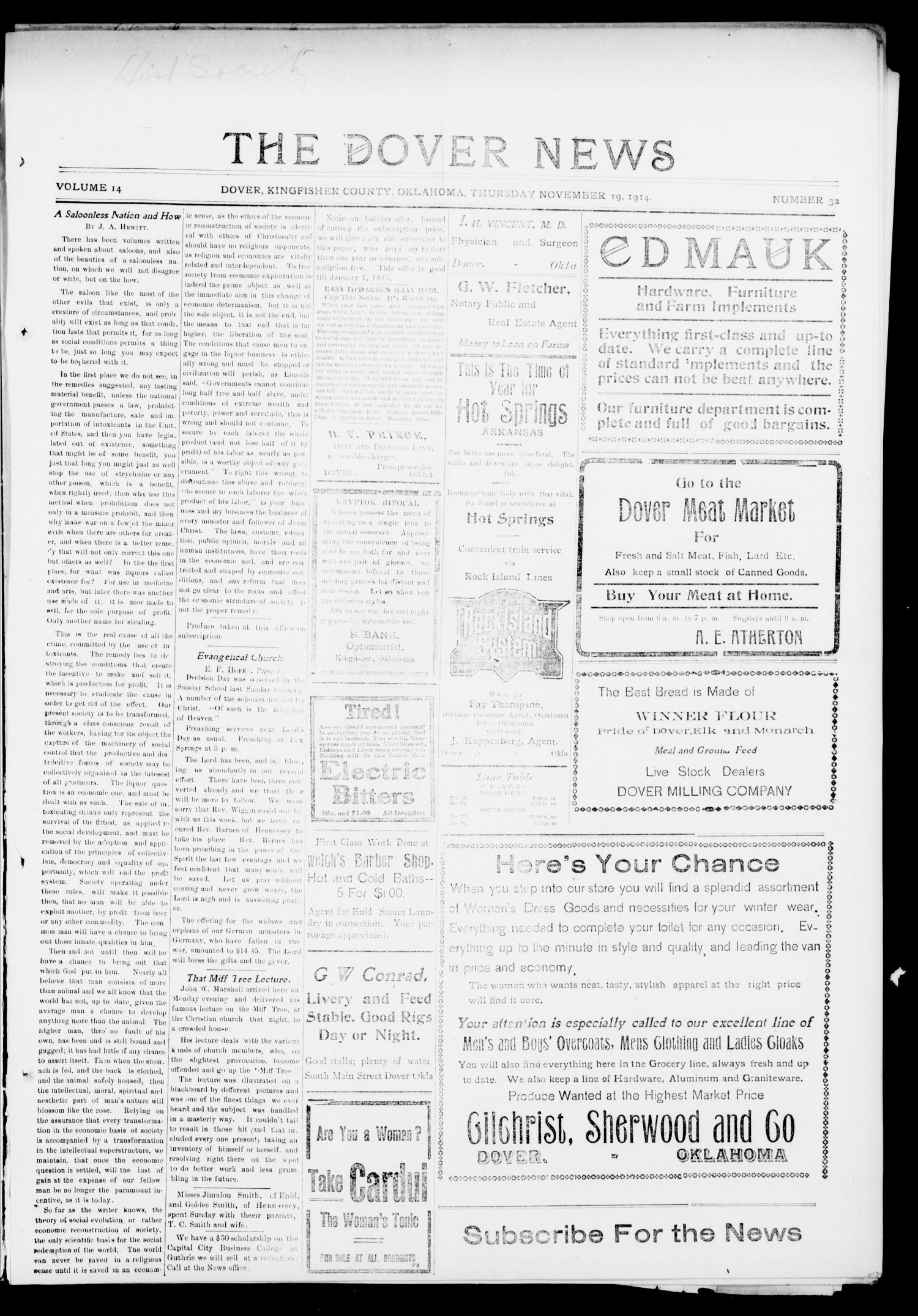 The Dover News (Dover, Okla.), Vol. 14, No. 32, Ed. 1 Thursday, November 19, 1914
                                                
                                                    [Sequence #]: 1 of 4
                                                
