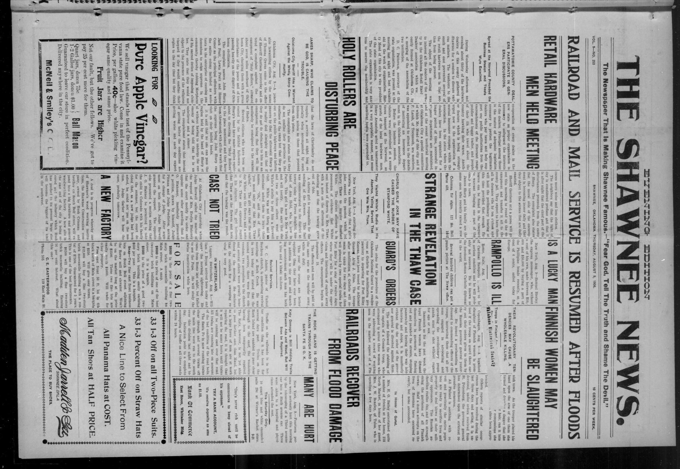 The Shawnee News. (Shawnee, Okla.), Vol. 9, No. 253, Ed. 1 Thursday, August 9, 1906
                                                
                                                    [Sequence #]: 1 of 8
                                                