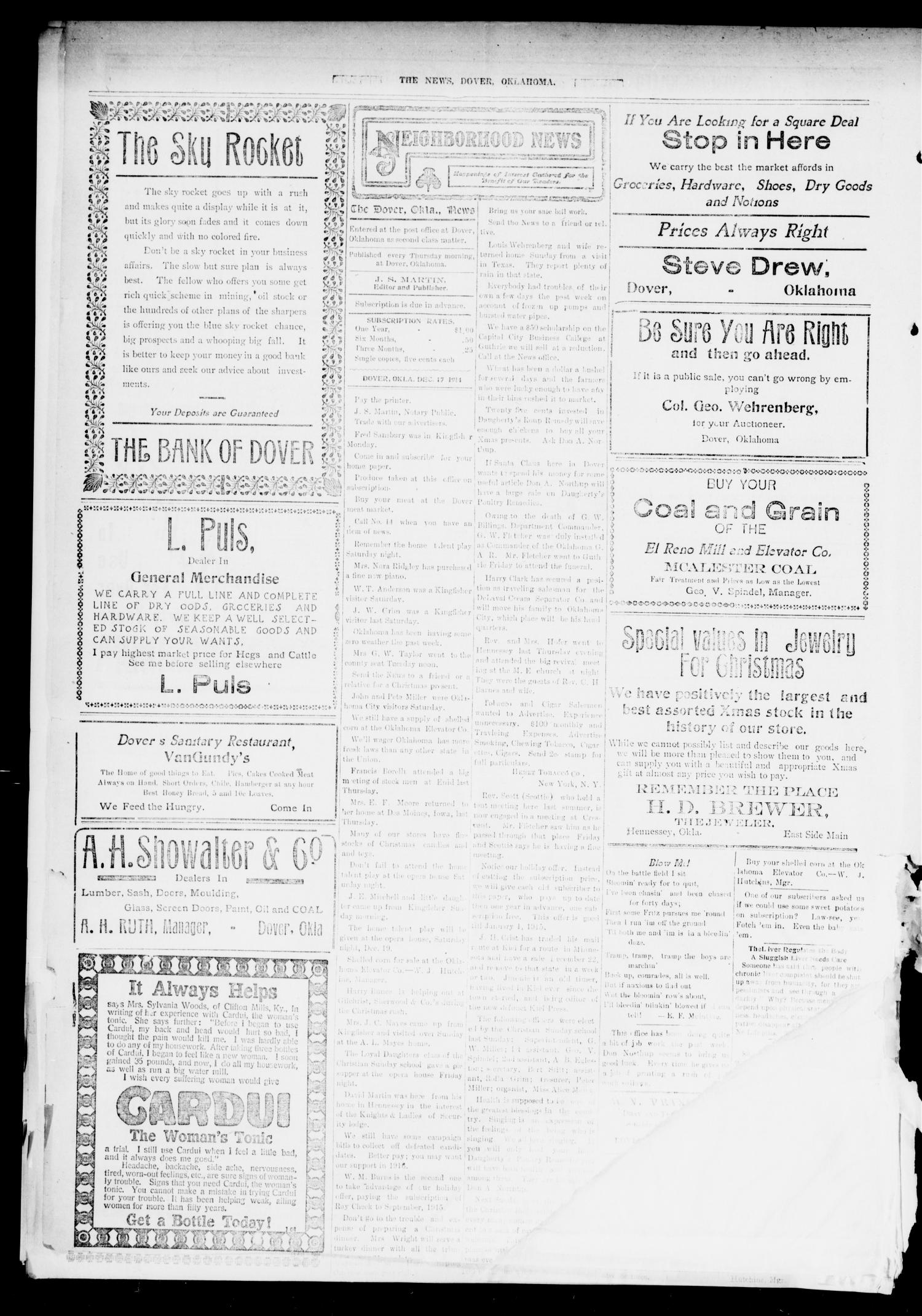 The Dover News (Dover, Okla.), Vol. 14, No. 36, Ed. 1 Thursday, December 17, 1914
                                                
                                                    [Sequence #]: 4 of 4
                                                