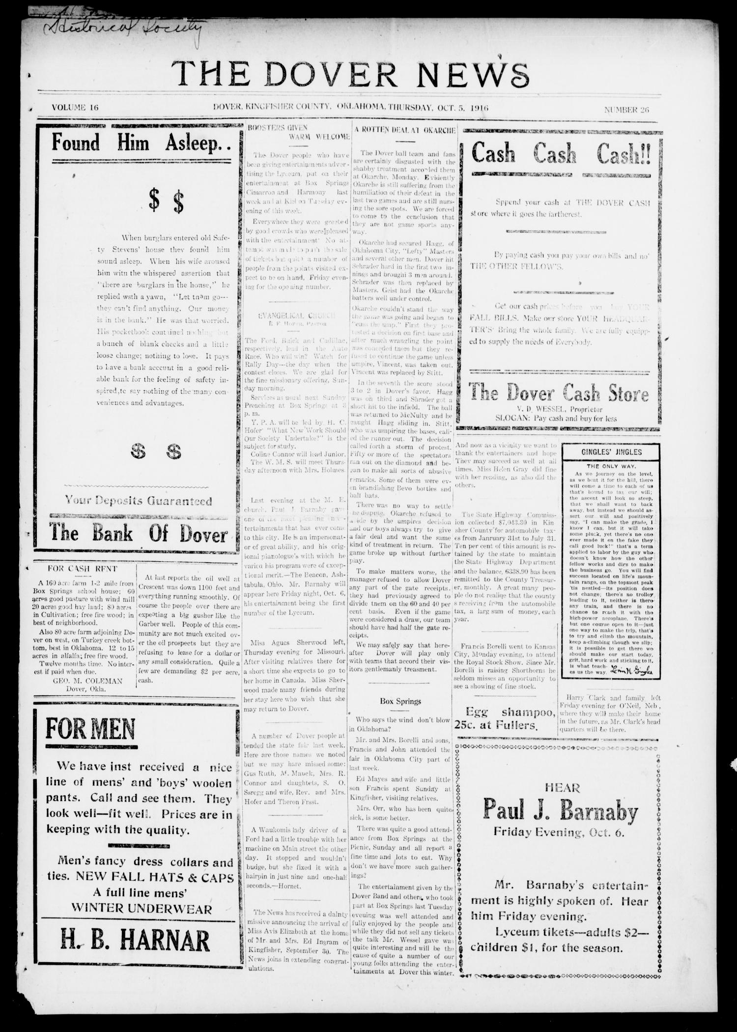 The Dover News (Dover, Okla.), Vol. 16, No. 26, Ed. 1 Thursday, October 5, 1916
                                                
                                                    [Sequence #]: 1 of 4
                                                