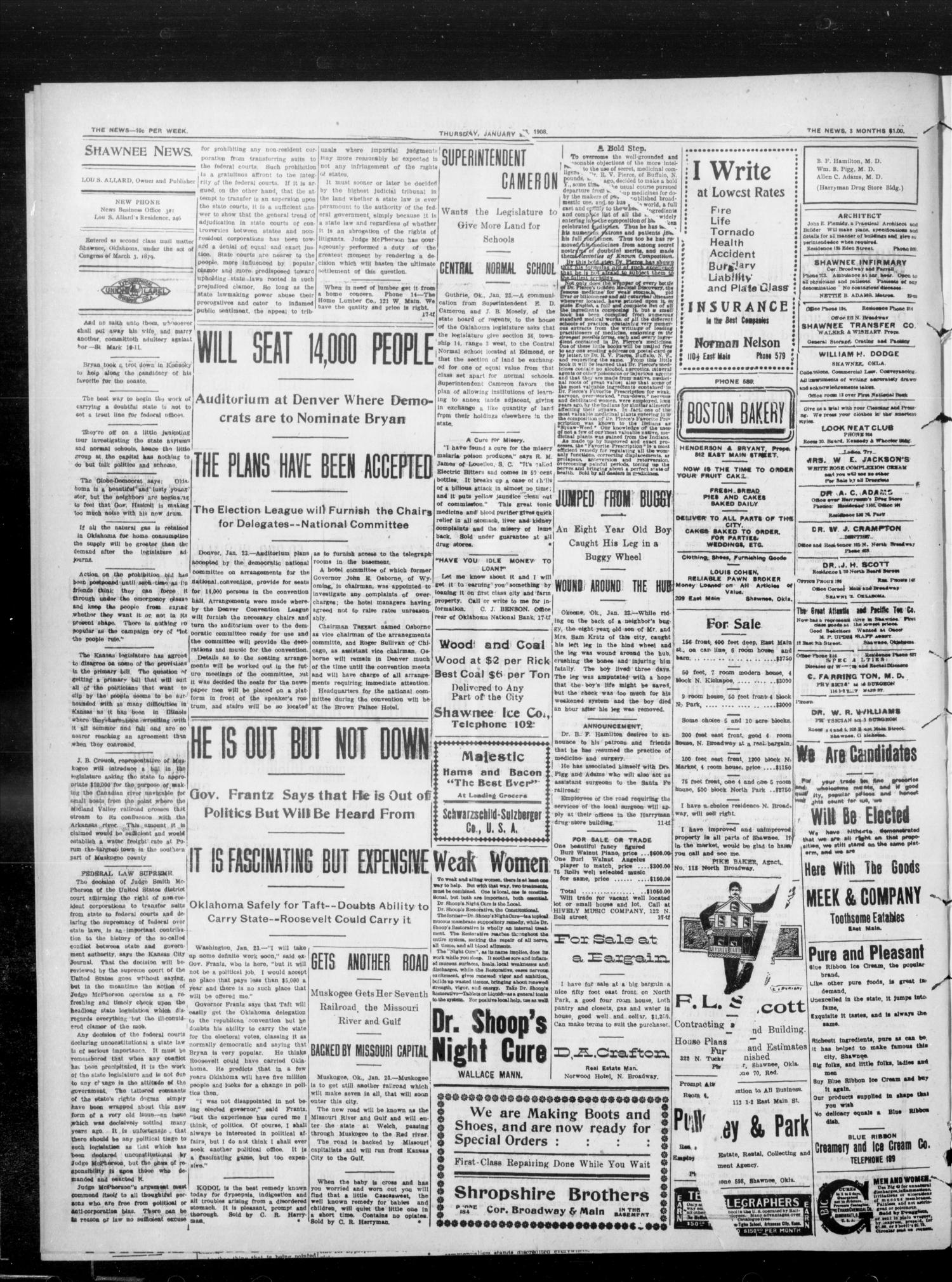 The Shawnee News. (Shawnee, Okla.), Vol. 13, No. 84, Ed. 1 Thursday, January 23, 1908
                                                
                                                    [Sequence #]: 2 of 8
                                                