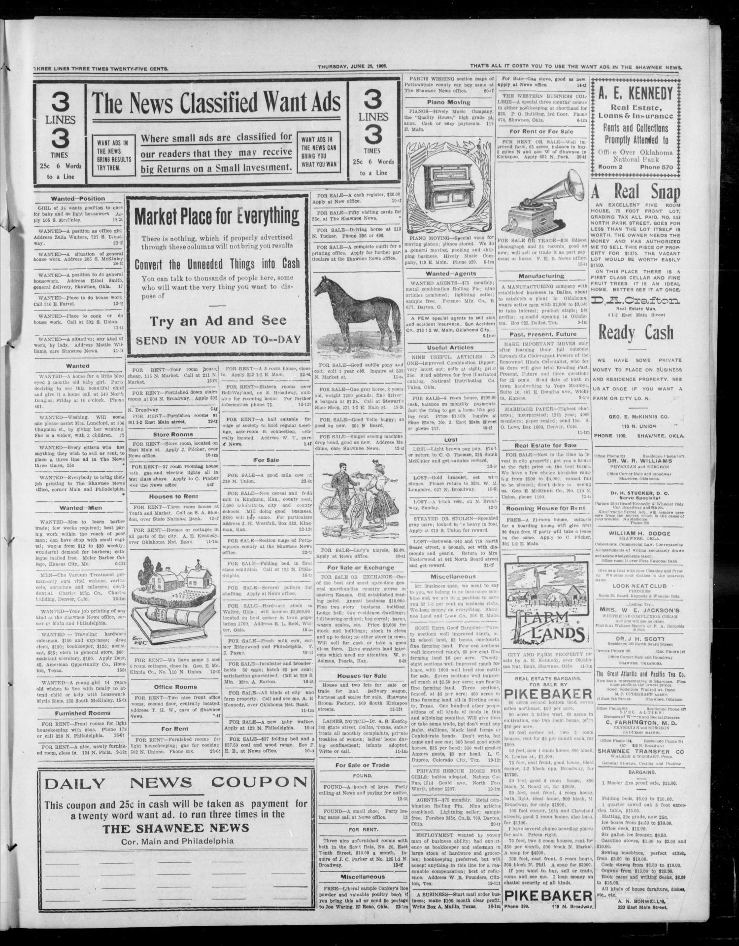 The Shawnee News. (Shawnee, Okla.), Vol. 13, No. 223, Ed. 1 Thursday, June 25, 1908
                                                
                                                    [Sequence #]: 3 of 8
                                                