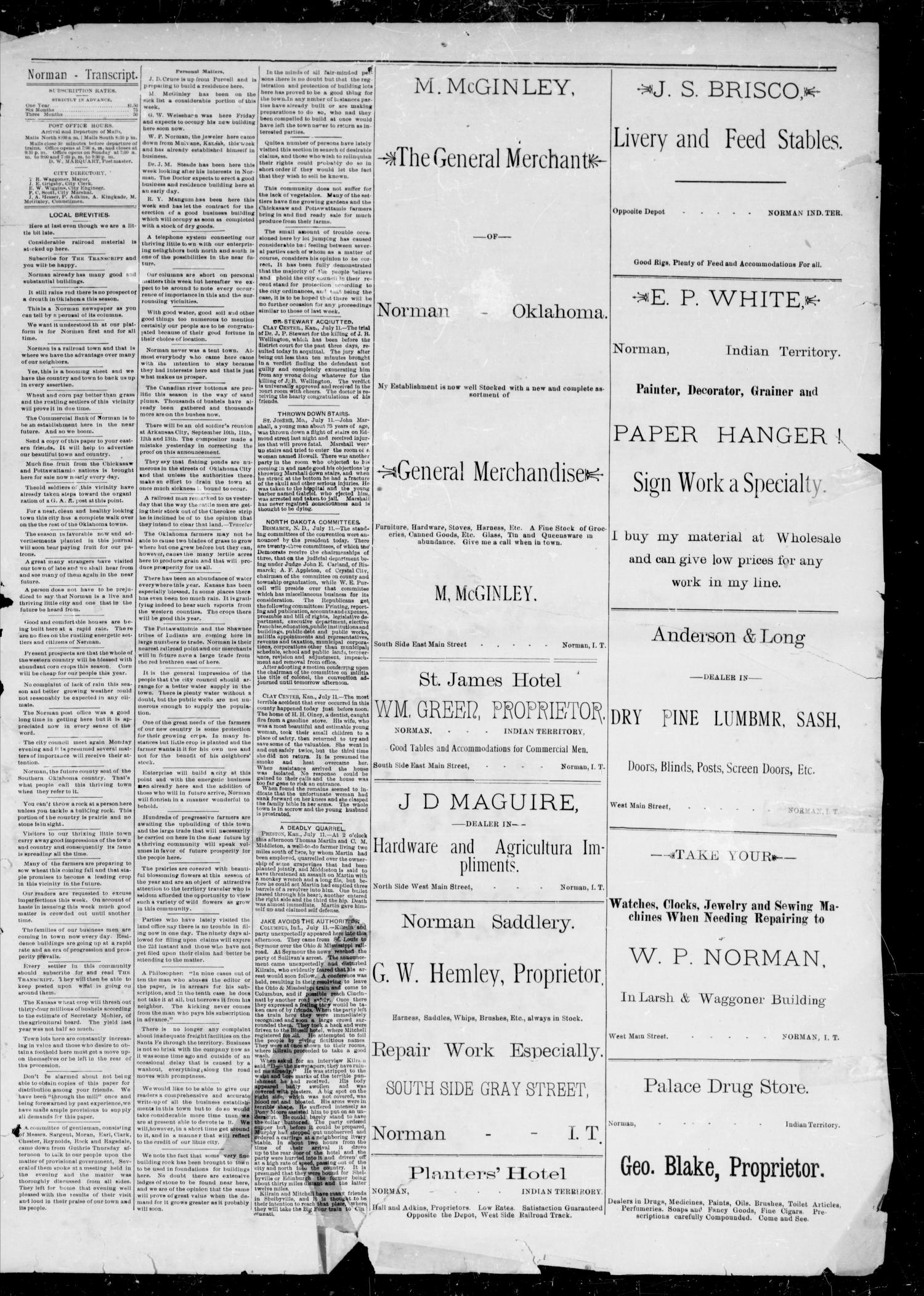 The Norman Transcript. (Norman, Indian Terr.), Vol. 01, No. 01, Ed. 1 Saturday, July 13, 1889
                                                
                                                    [Sequence #]: 3 of 4
                                                