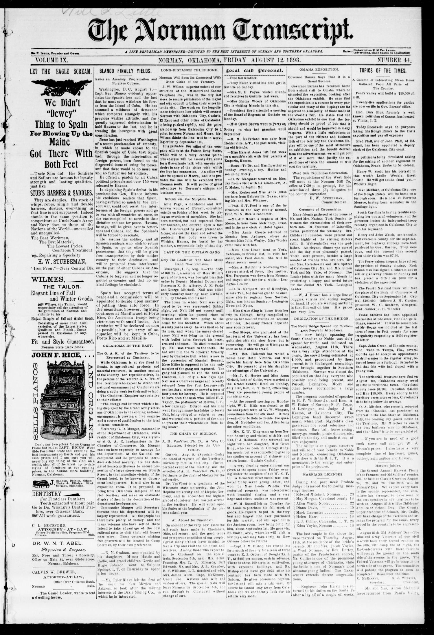 The Norman Transcript. (Norman, Okla.), Vol. 09, No. 44, Ed. 1 Friday, August 12, 1898
                                                
                                                    [Sequence #]: 1 of 8
                                                