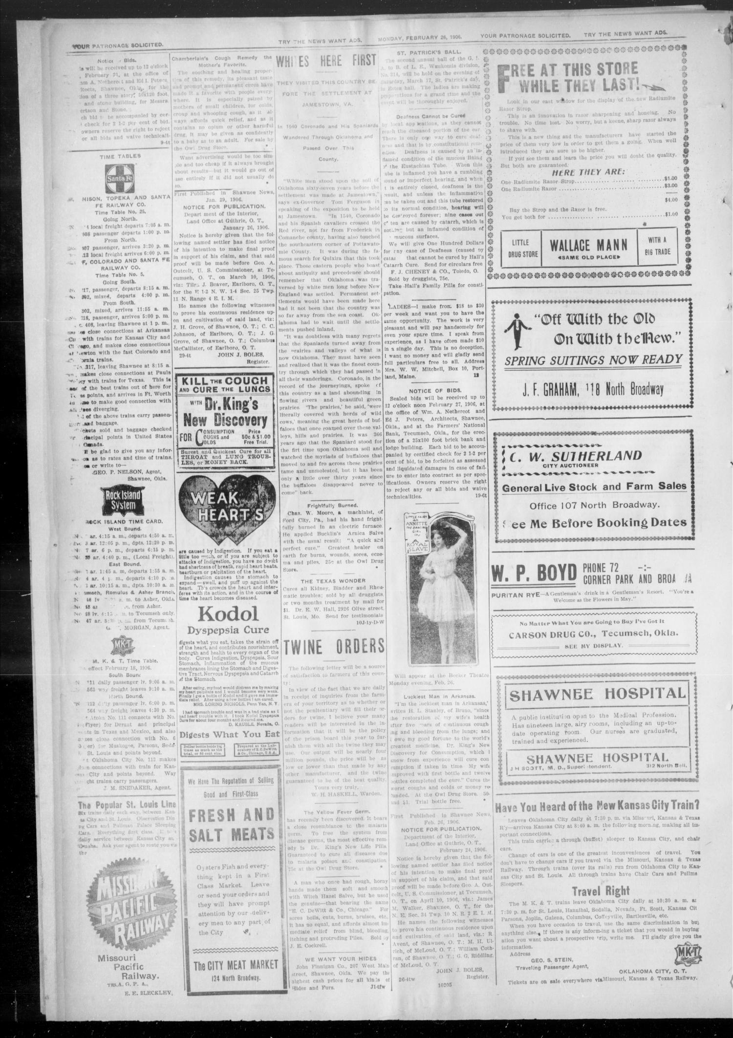 The Shawnee News. (Shawnee, Okla.), Vol. 9, No. 224, Ed. 1 Monday, February 26, 1906
                                                
                                                    [Sequence #]: 2 of 8
                                                