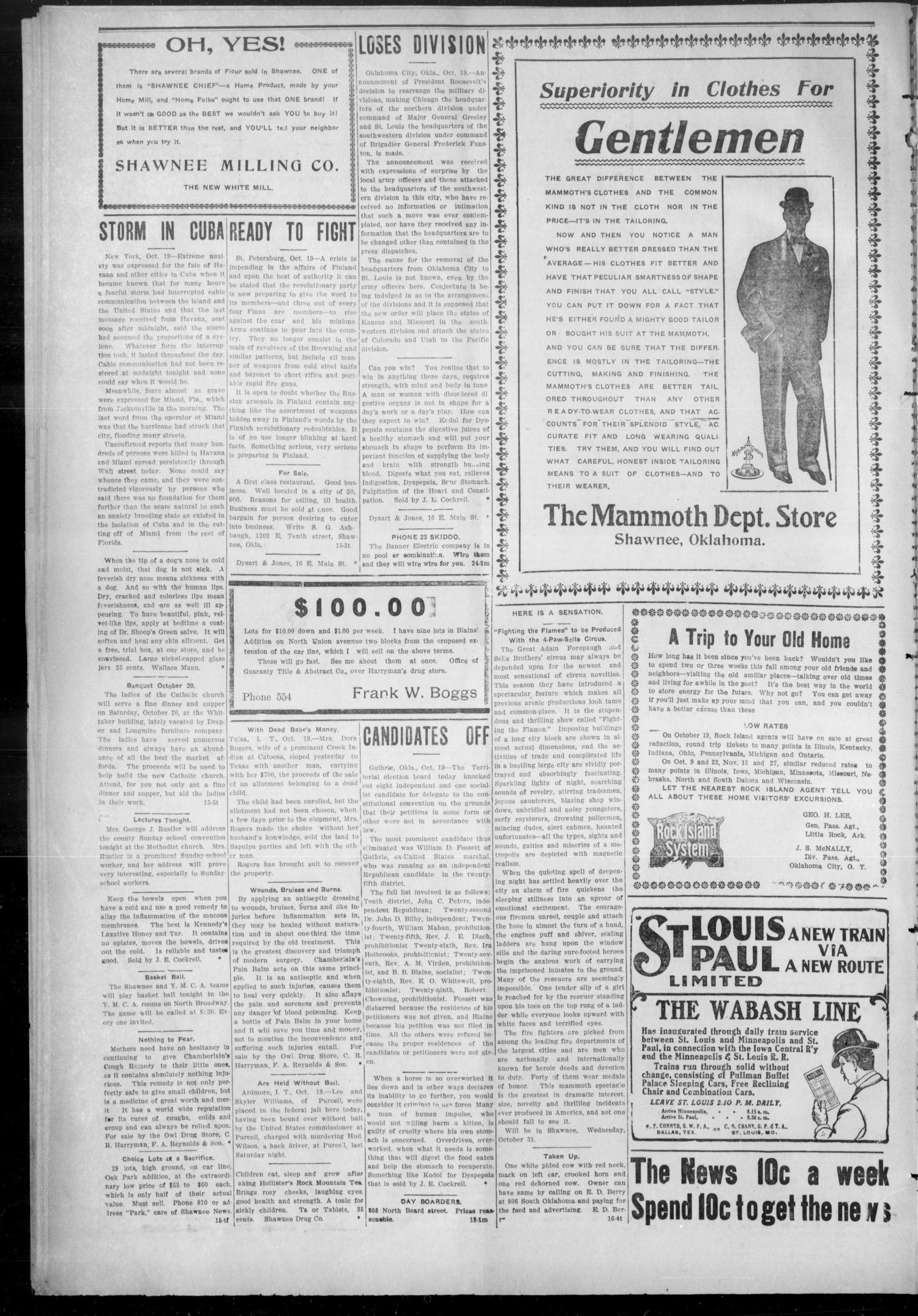 The Shawnee News. (Shawnee, Okla.), Vol. 9, No. 314, Ed. 1 Friday, October 19, 1906
                                                
                                                    [Sequence #]: 4 of 8
                                                