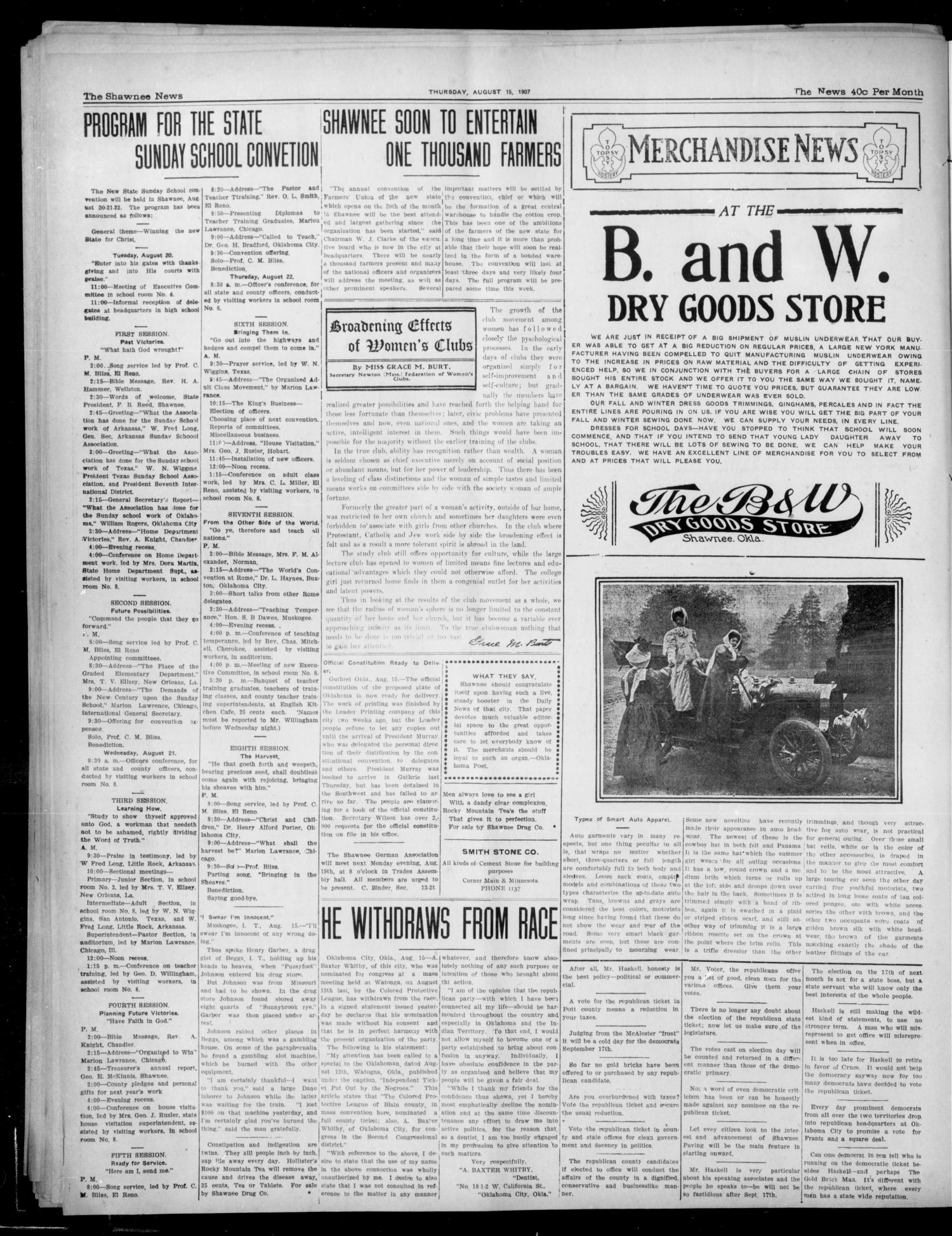 The Shawnee News. (Shawnee, Okla.), Vol. 10, No. 202, Ed. 1 Thursday, August 15, 1907
                                                
                                                    [Sequence #]: 4 of 8
                                                