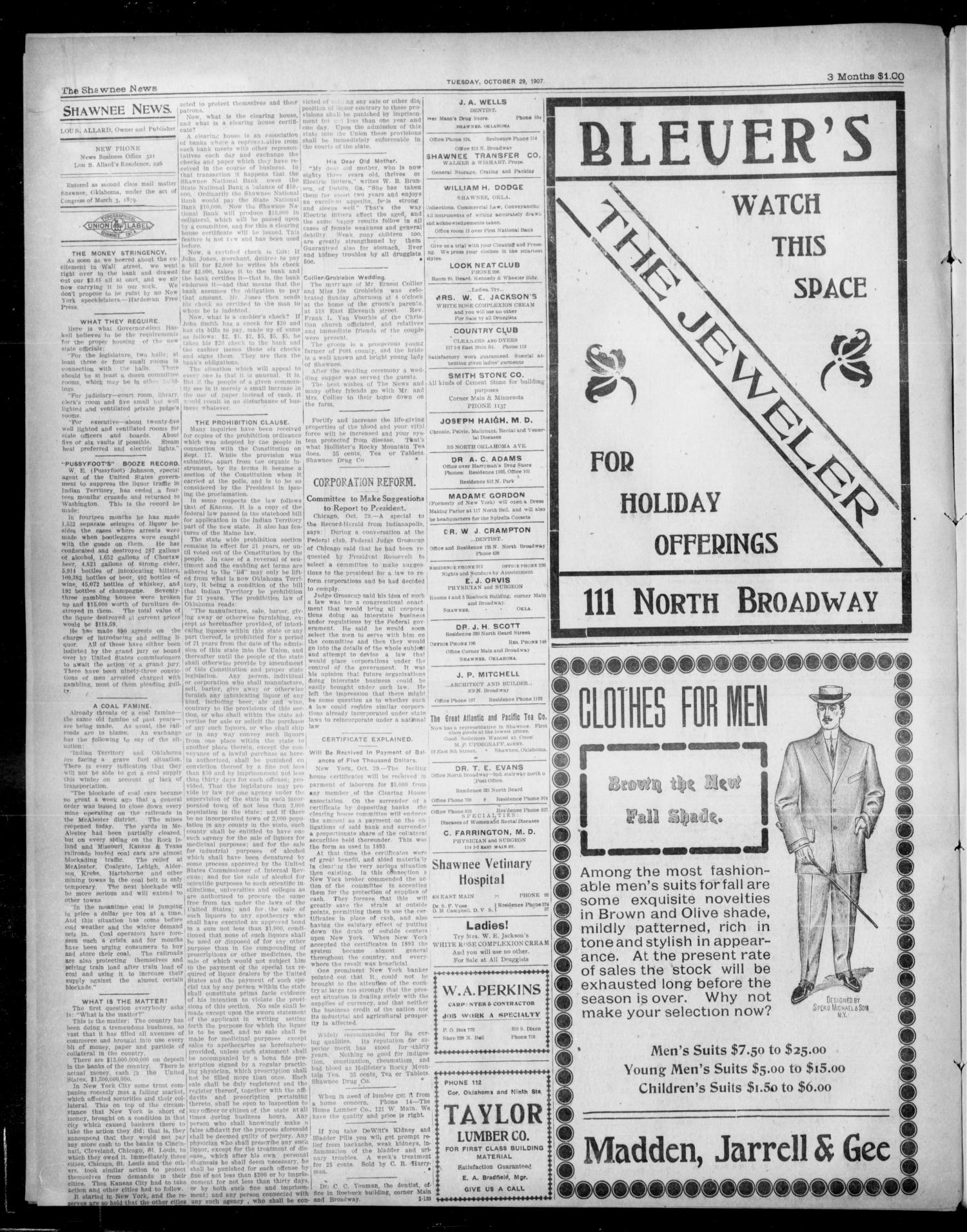 The Shawnee News. (Shawnee, Okla.), Vol. 11, No. 2, Ed. 1 Tuesday, October 29, 1907
                                                
                                                    [Sequence #]: 2 of 6
                                                