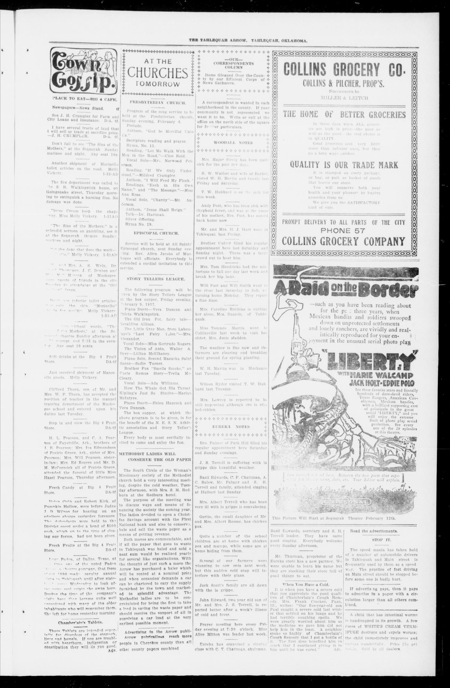 The Tahlequah Arrow (Tahlequah, Okla.), Vol. 30, No. 123, Ed. 1 Saturday, February 3, 1917
                                                
                                                    [Sequence #]: 3 of 4
                                                