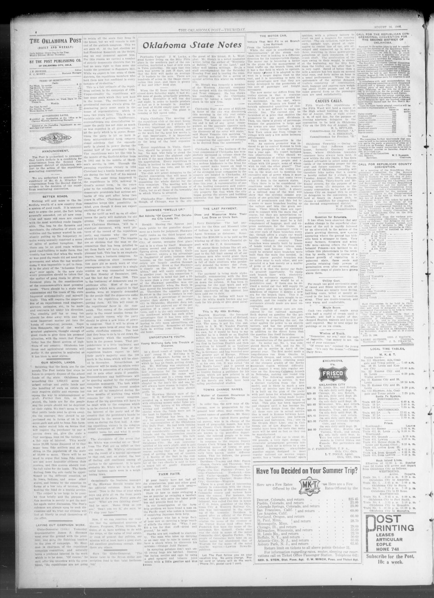 The Oklahoma Post. (Oklahoma City, Okla.), Vol. 5, No. 68, Ed. 1 Thursday, August 16, 1906
                                                
                                                    [Sequence #]: 4 of 8
                                                