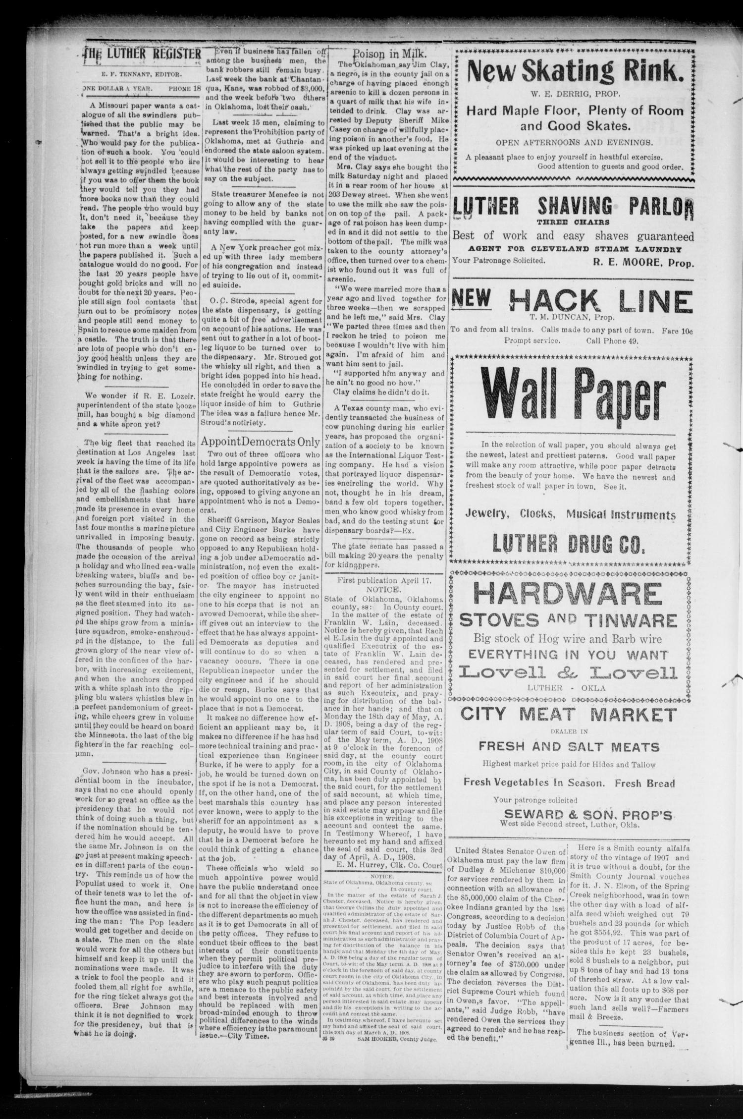 Luther Register. (Luther, Okla.), Vol. 9, No. 39, Ed. 1 Friday, April 24, 1908
                                                
                                                    [Sequence #]: 4 of 8
                                                