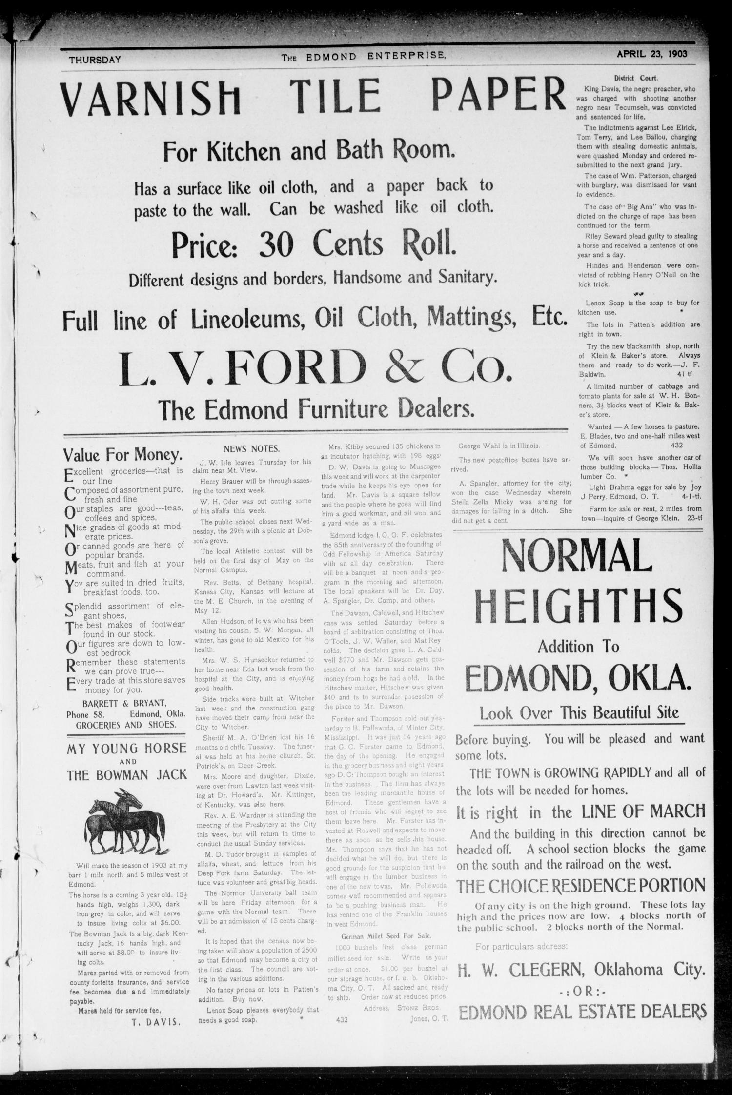Edmond Enterprise and Oklahoma County News. (Edmond, Okla.), Vol. 1, No. 12, Ed. 1 Thursday, April 23, 1903
                                                
                                                    [Sequence #]: 3 of 16
                                                