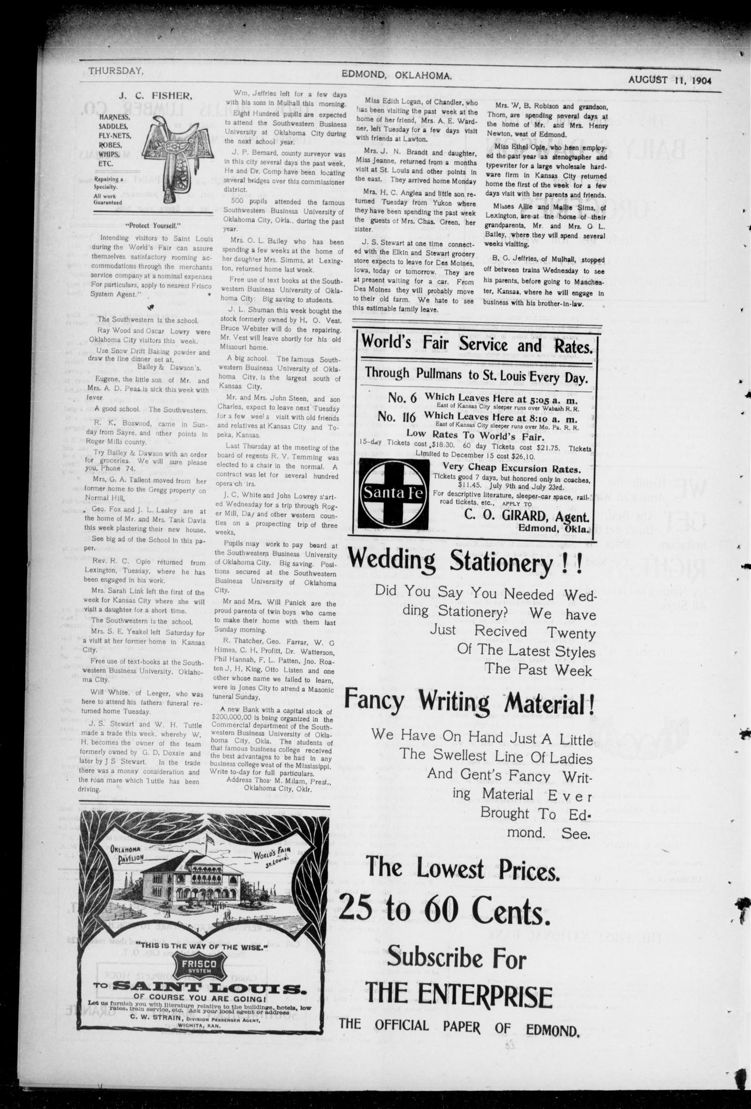 Edmond Enterprise and Oklahoma County News. (Edmond, Okla.), Vol. 1, No. 80, Ed. 1 Thursday, August 11, 1904
                                                
                                                    [Sequence #]: 4 of 7
                                                