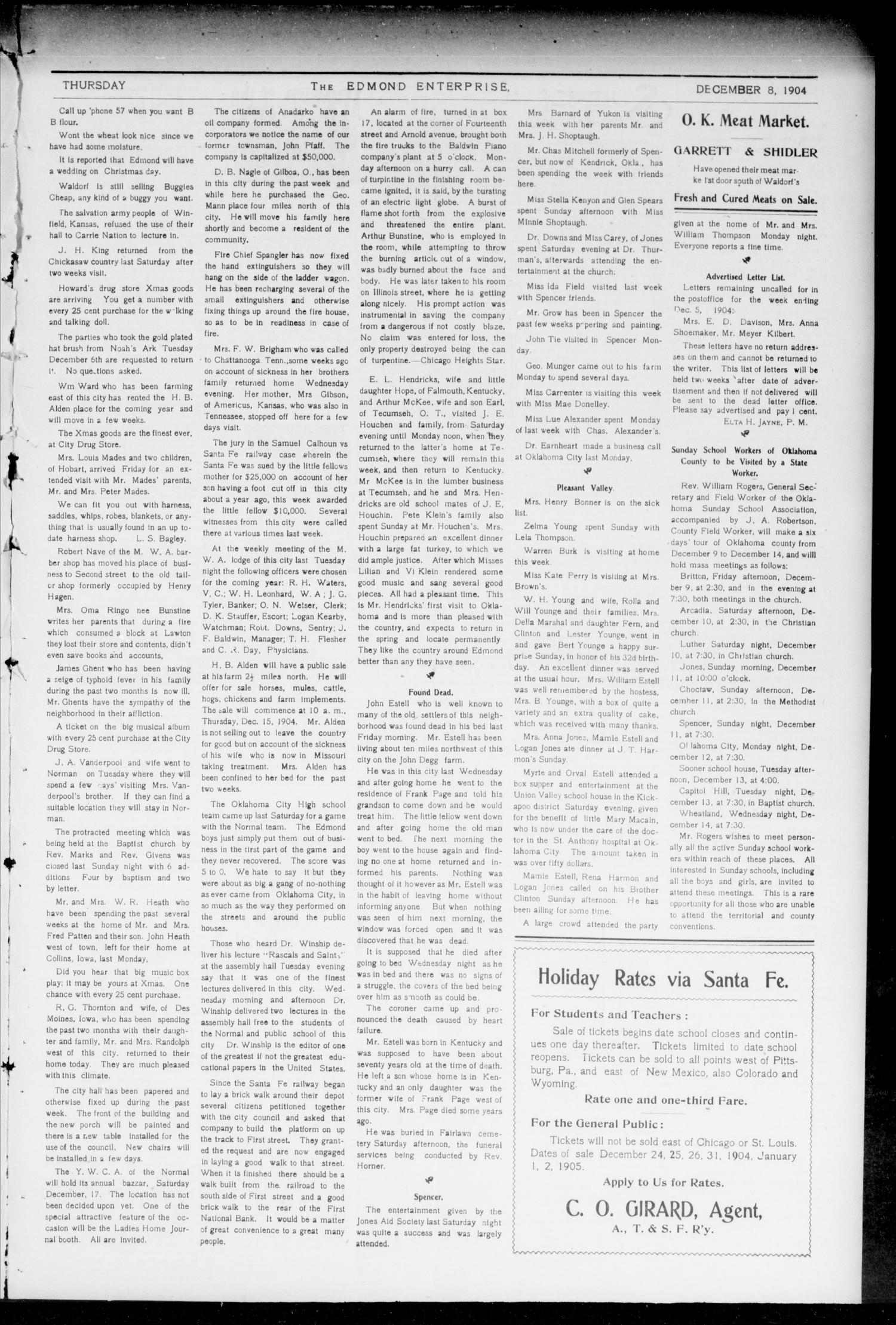 Edmond Enterprise and Oklahoma County News. (Edmond, Okla.), Vol. 1, No. 97, Ed. 1 Thursday, December 8, 1904
                                                
                                                    [Sequence #]: 3 of 8
                                                