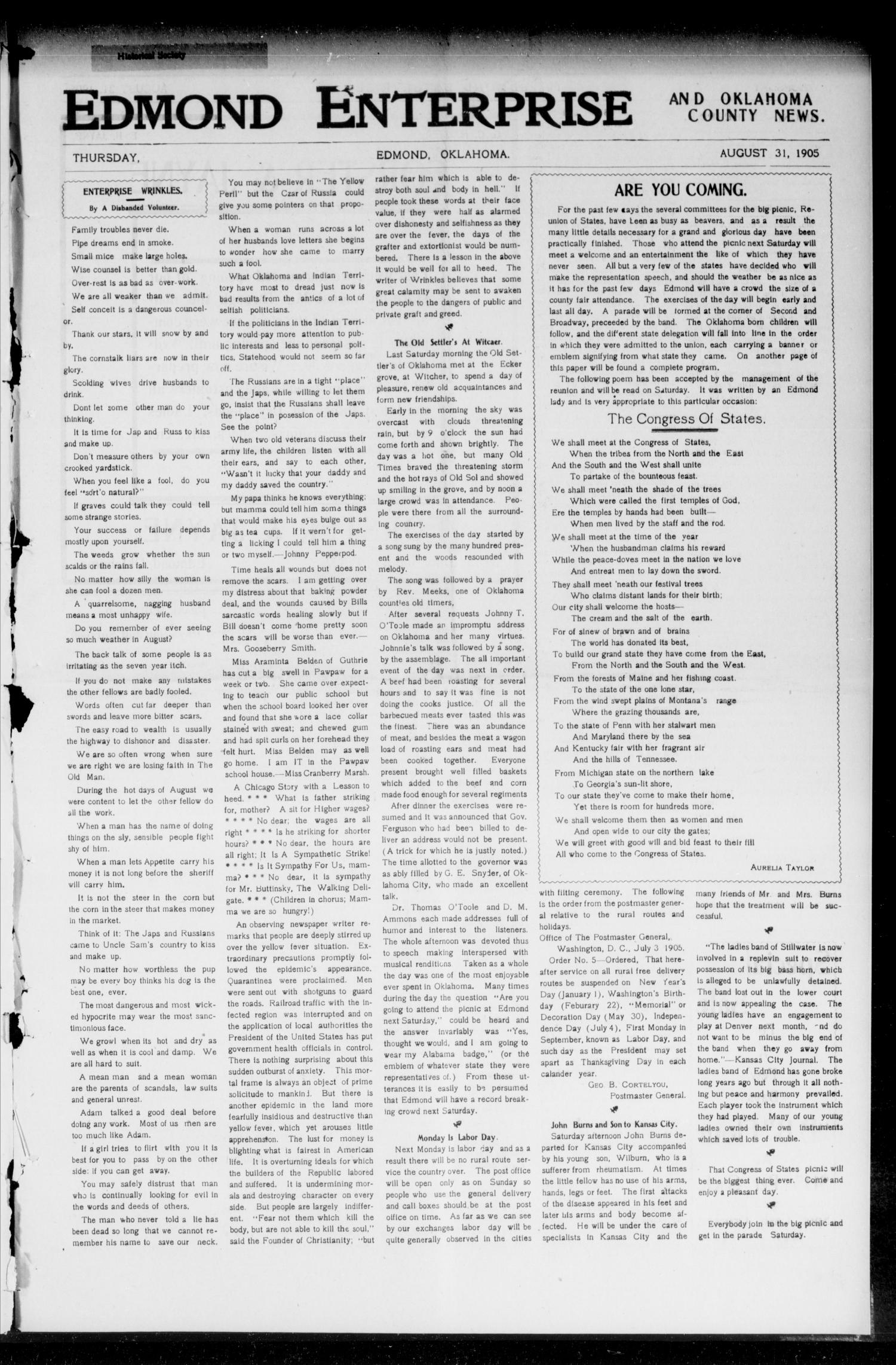 Edmond Enterprise and Oklahoma County News. (Edmond, Okla.), Vol. 1, No. 21, Ed. 1 Thursday, August 31, 1905
                                                
                                                    [Sequence #]: 1 of 8
                                                