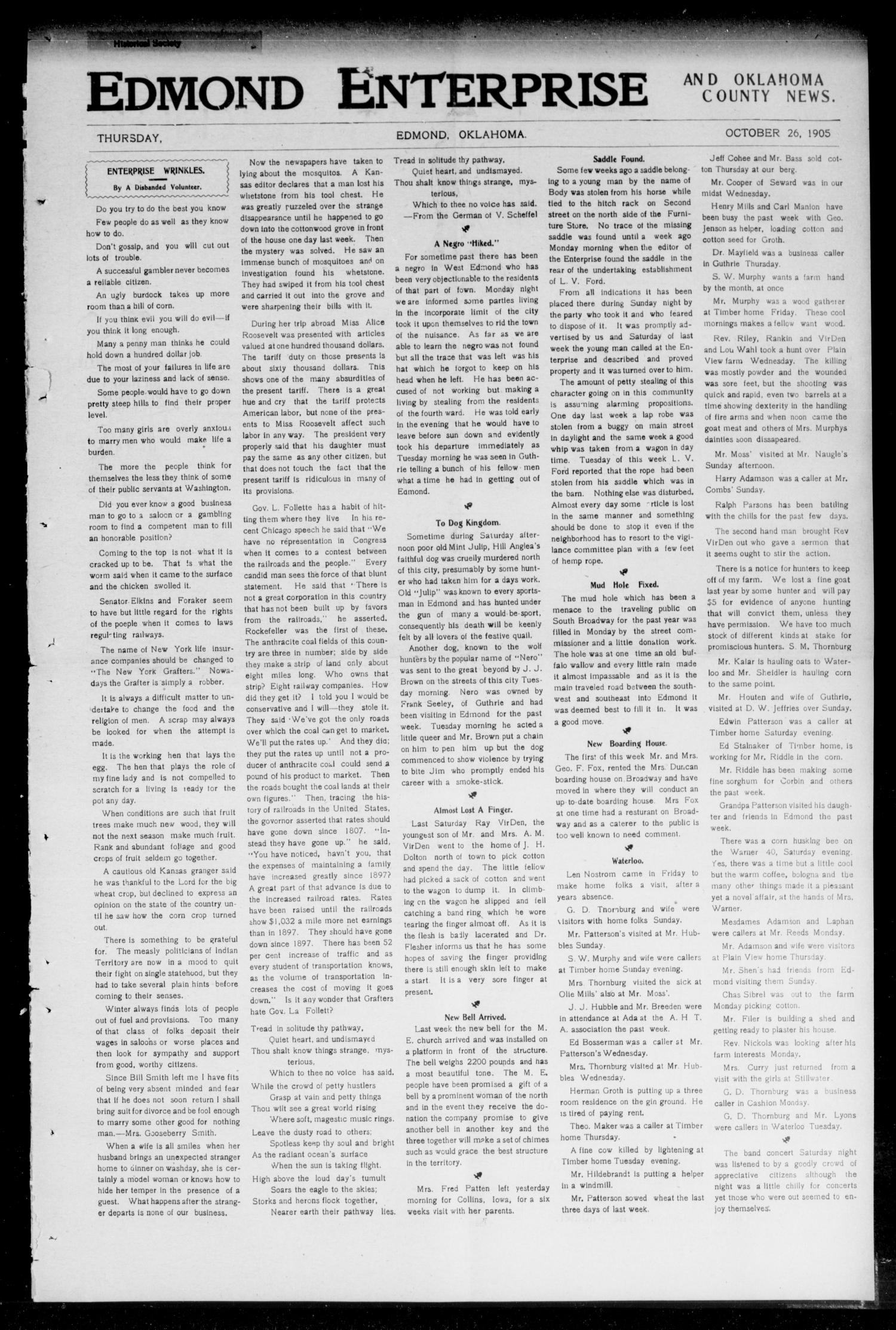 Edmond Enterprise and Oklahoma County News. (Edmond, Okla.), Vol. 1, No. 30, Ed. 1 Thursday, October 26, 1905
                                                
                                                    [Sequence #]: 1 of 10
                                                
