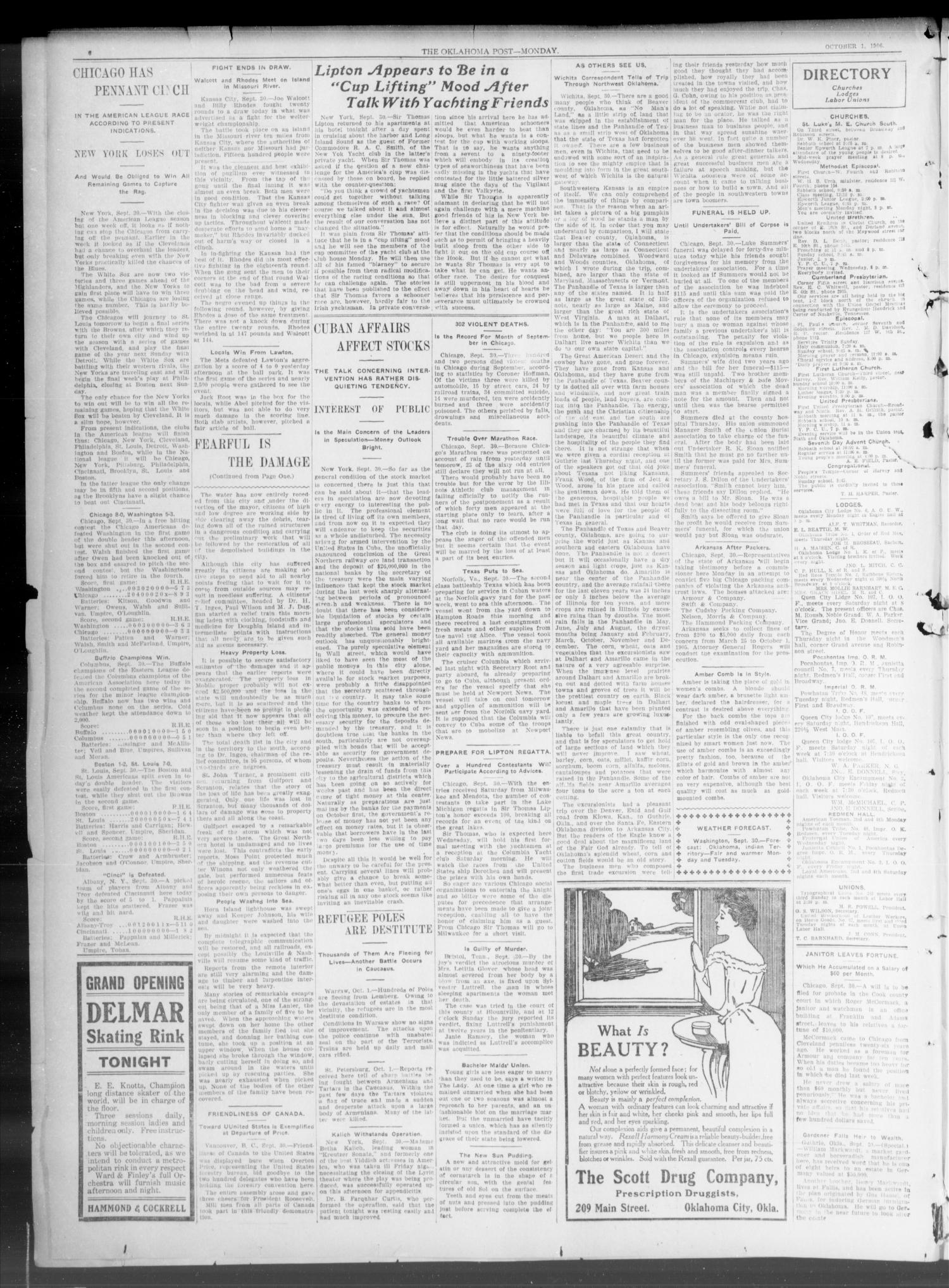 The Oklahoma Post. (Oklahoma City, Okla.), Vol. 5, No. 113, Ed. 1 Monday, October 1, 1906
                                                
                                                    [Sequence #]: 4 of 8
                                                