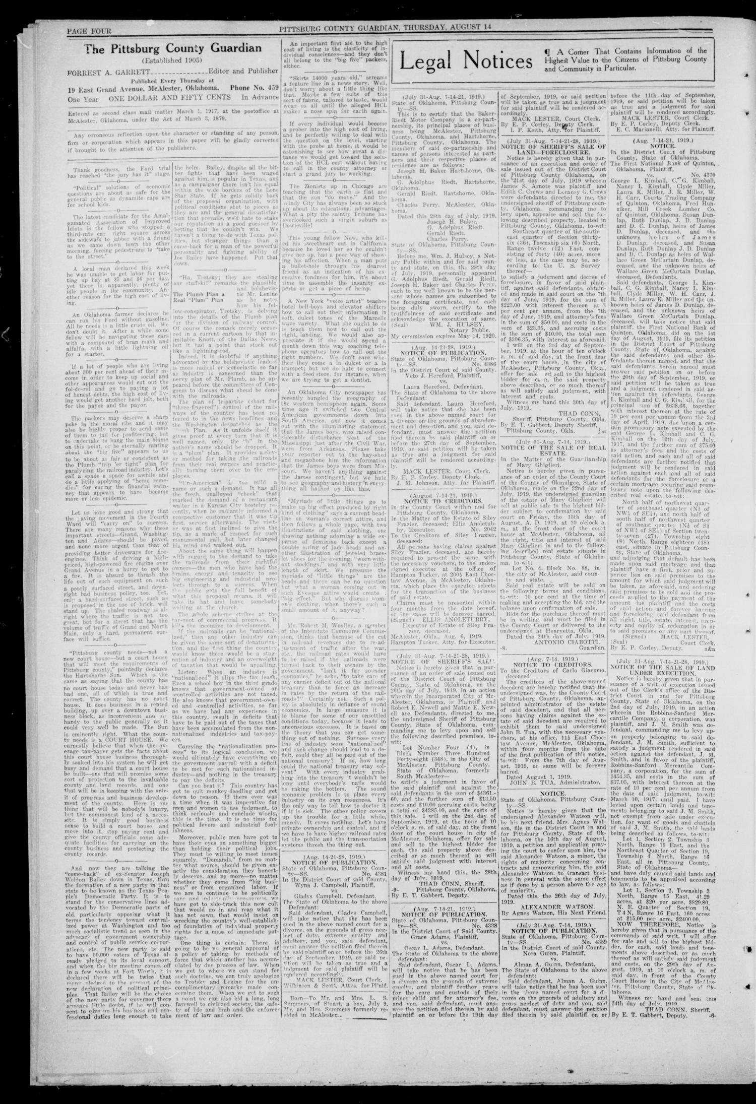 Pittsburg County Guardian (McAlester, Okla.), Vol. 14, No. 51, Ed. 1 Thursday, August 14, 1919
                                                
                                                    [Sequence #]: 4 of 8
                                                